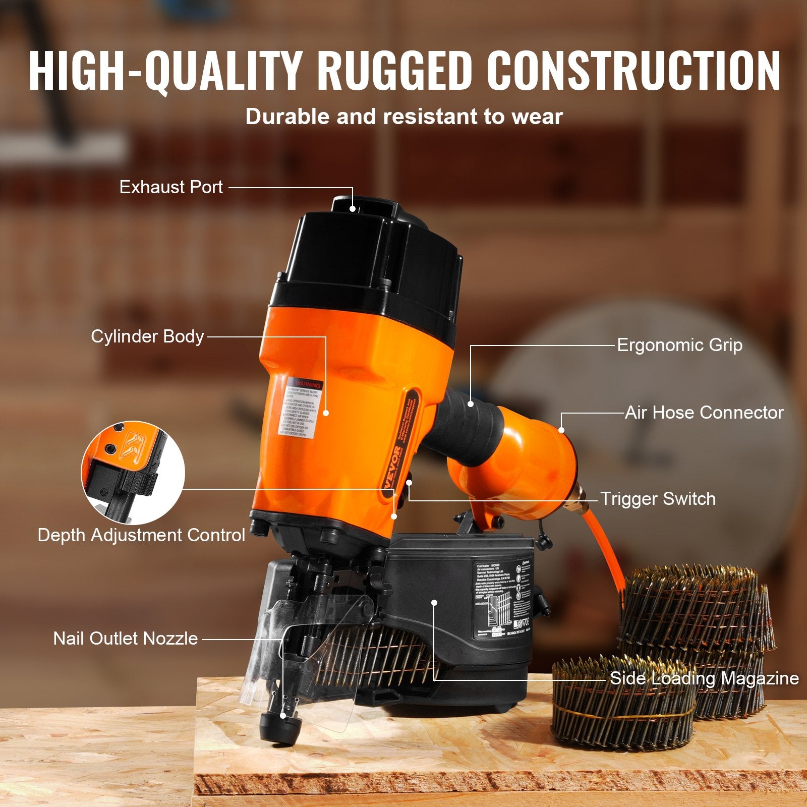 Nailers & Staplers: VEVOR MCN90 Coil Framing Nailer 45mm to 90mm 15 Degree Pneumatic Nail Gun