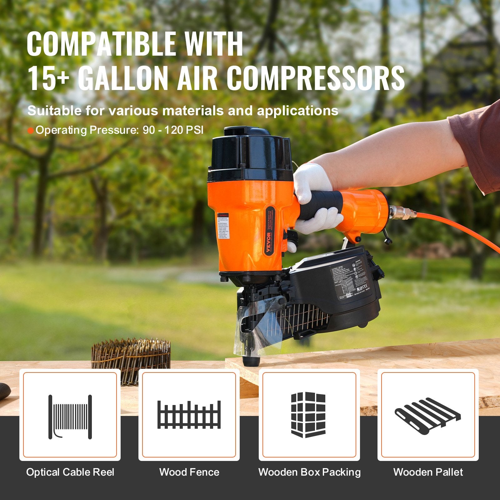Nailers & Staplers: VEVOR MCN90 Coil Framing Nailer 45mm to 90mm 15 Degree Pneumatic Nail Gun