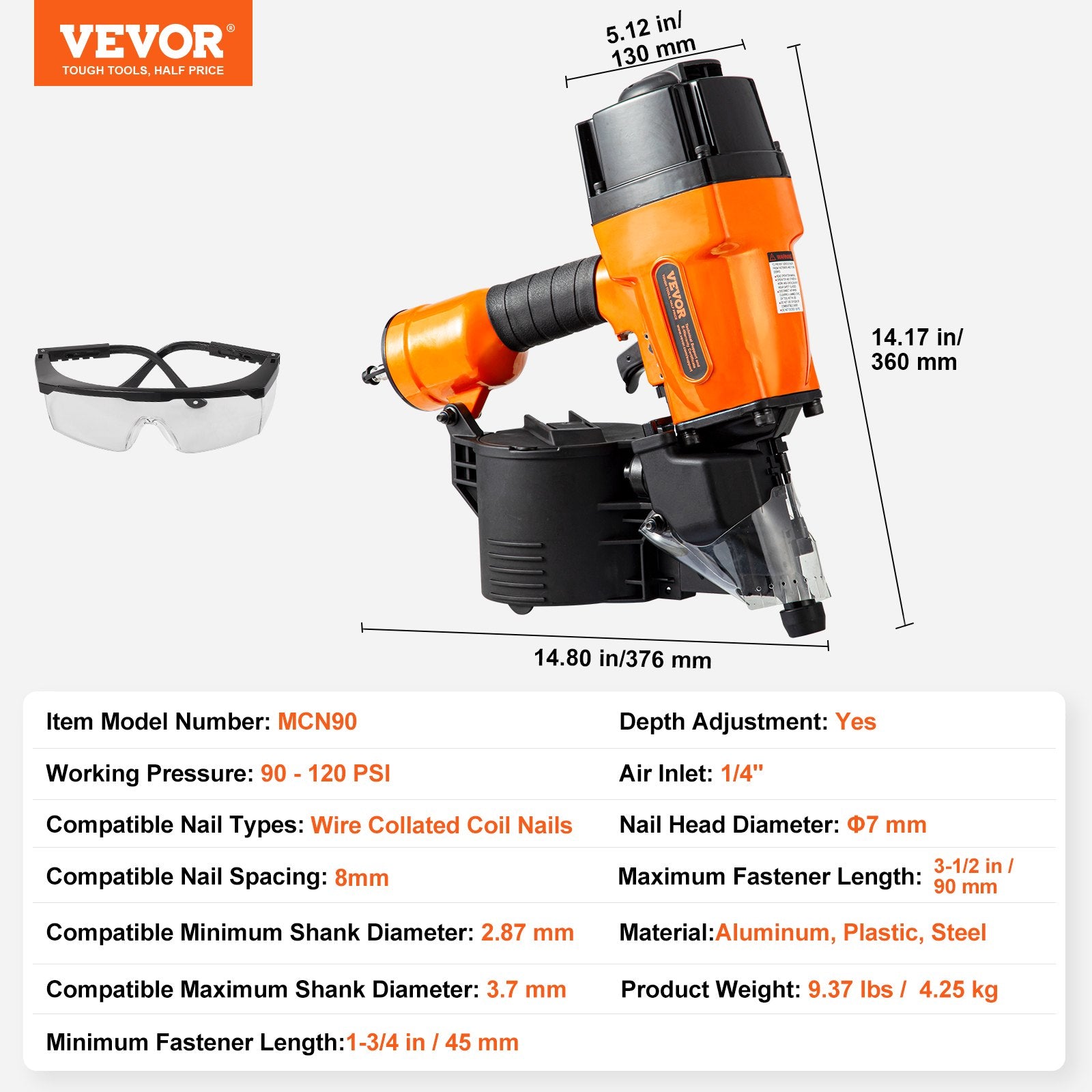 Nailers & Staplers: VEVOR MCN90 Coil Framing Nailer 45mm to 90mm 15 Degree Pneumatic Nail Gun