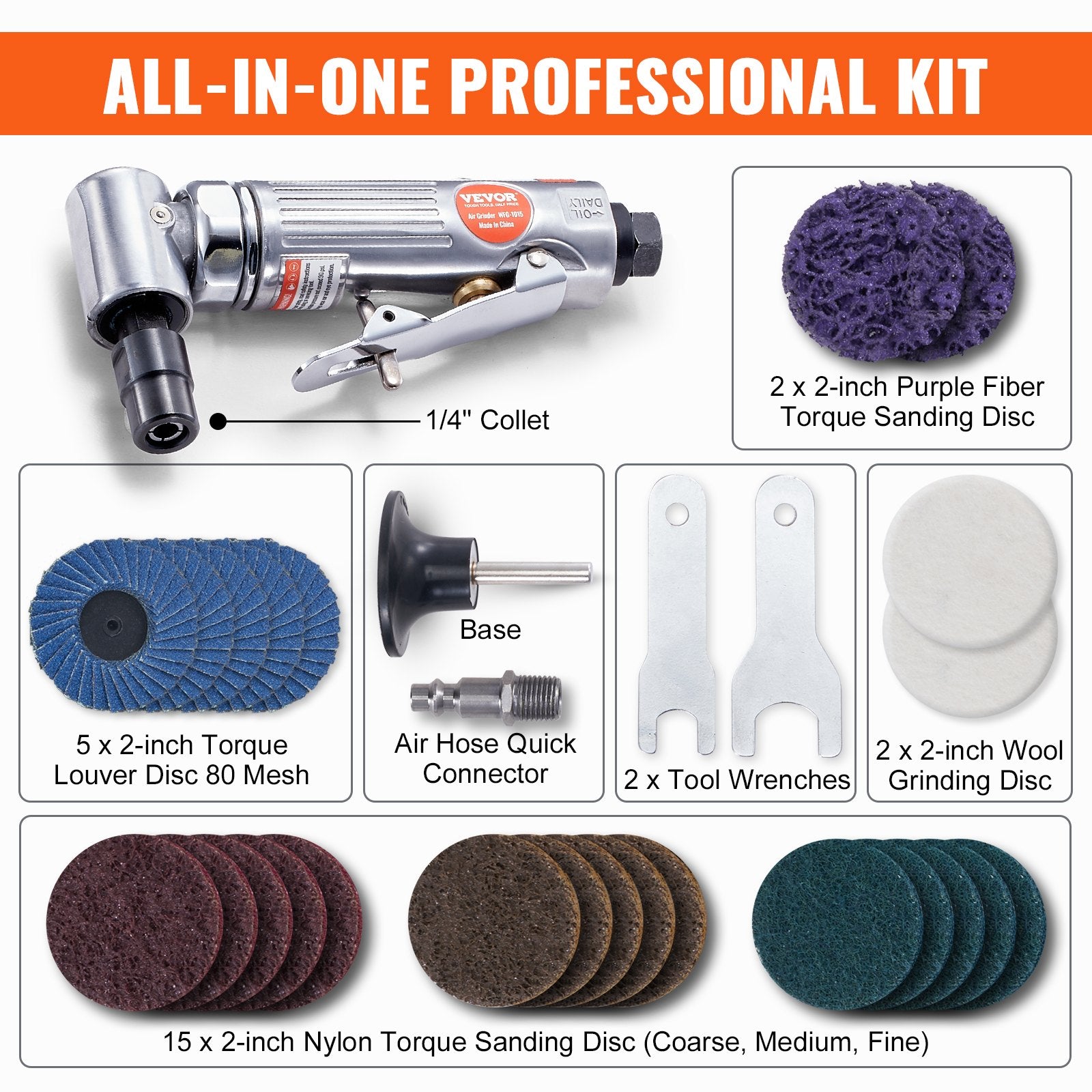Desktops & Accessories: VEVOR Air Angle Die Grinder, 1/4" Right Angle Die Grinder (20000RPM), Heavy Duty 90-Degree Angled Air Powered, 24PCS Discs for Grinding, Polishing, Deburring, Rust Removal