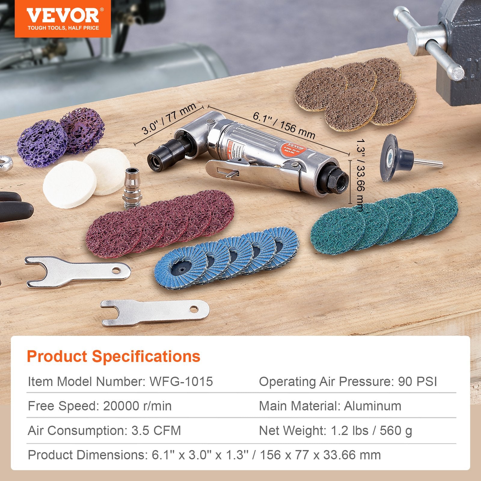 Desktops & Accessories: VEVOR Air Angle Die Grinder, 1/4" Right Angle Die Grinder (20000RPM), Heavy Duty 90-Degree Angled Air Powered, 24PCS Discs for Grinding, Polishing, Deburring, Rust Removal