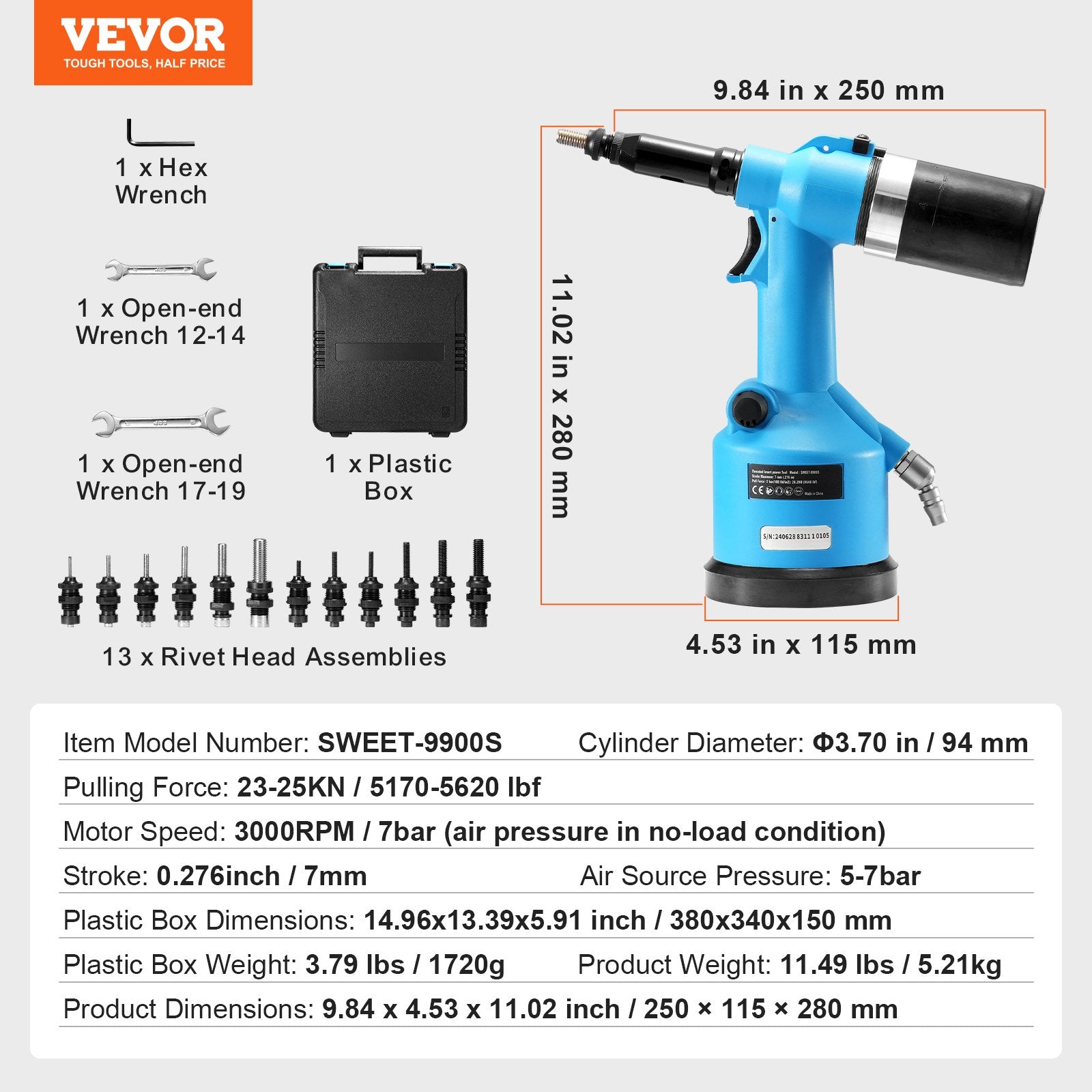 Heat Guns: VEVOR Pneumatic Air Riveter Heavy Duty Rivet Gun Tool Kit 13 Size Nose Pieces