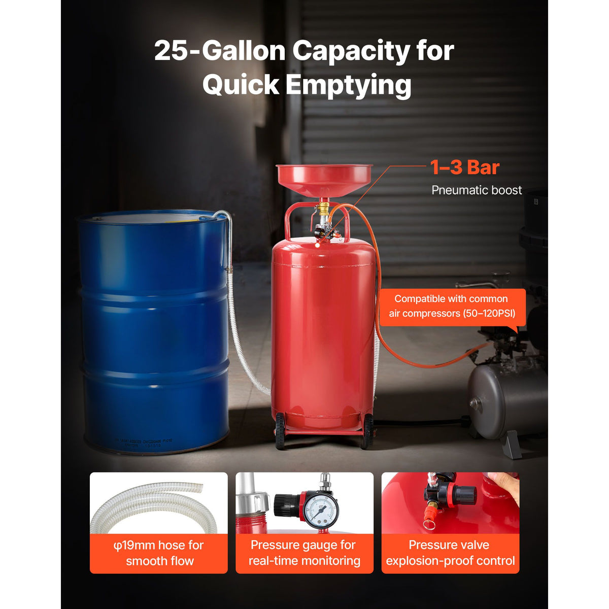 95L Waste Oil Drain Tank, Air Operated Portable Oil Drainer with Adjustable Funnel Height, Industrial Fluid Drain Tank with Wheels, Fluid Fuel Transfer Drainage for Auto Repair Shops, Red