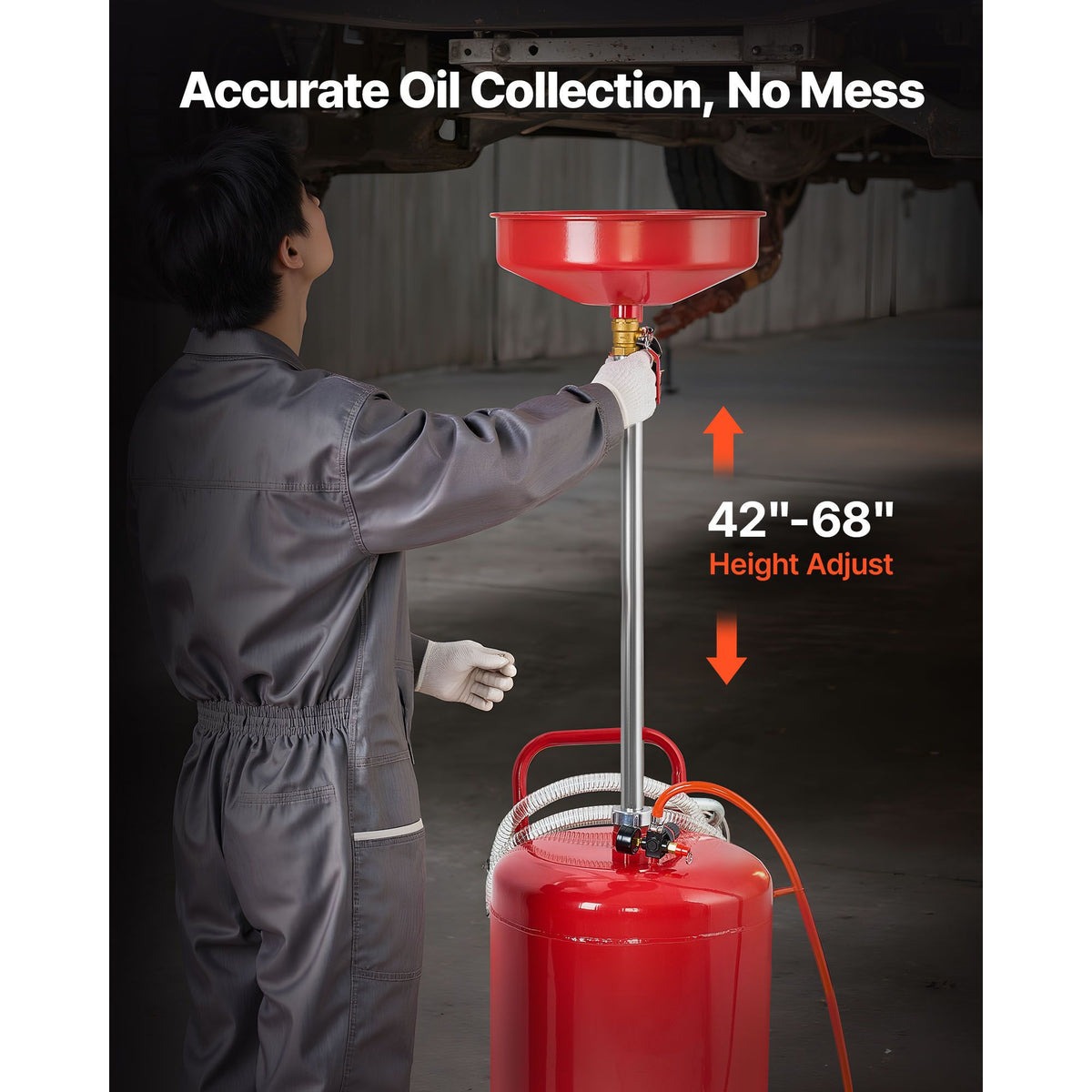 95L Waste Oil Drain Tank, Air Operated Portable Oil Drainer with Adjustable Funnel Height, Industrial Fluid Drain Tank with Wheels, Fluid Fuel Transfer Drainage for Auto Repair Shops, Red