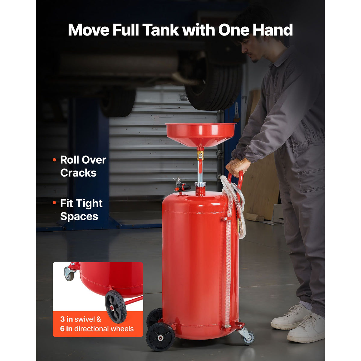 95L Waste Oil Drain Tank, Air Operated Portable Oil Drainer with Adjustable Funnel Height, Industrial Fluid Drain Tank with Wheels, Fluid Fuel Transfer Drainage for Auto Repair Shops, Red