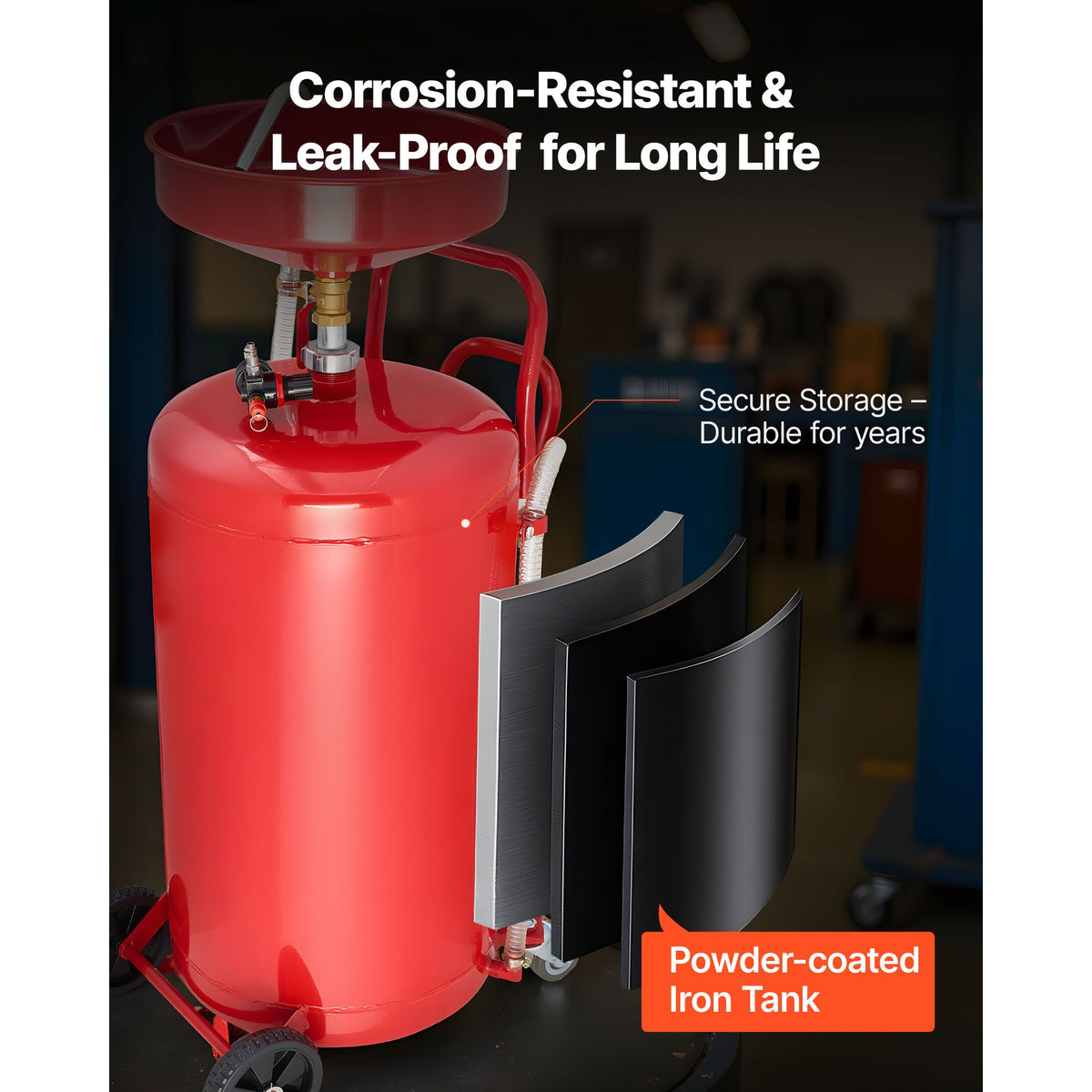 95L Waste Oil Drain Tank, Air Operated Portable Oil Drainer with Adjustable Funnel Height, Industrial Fluid Drain Tank with Wheels, Fluid Fuel Transfer Drainage for Auto Repair Shops, Red