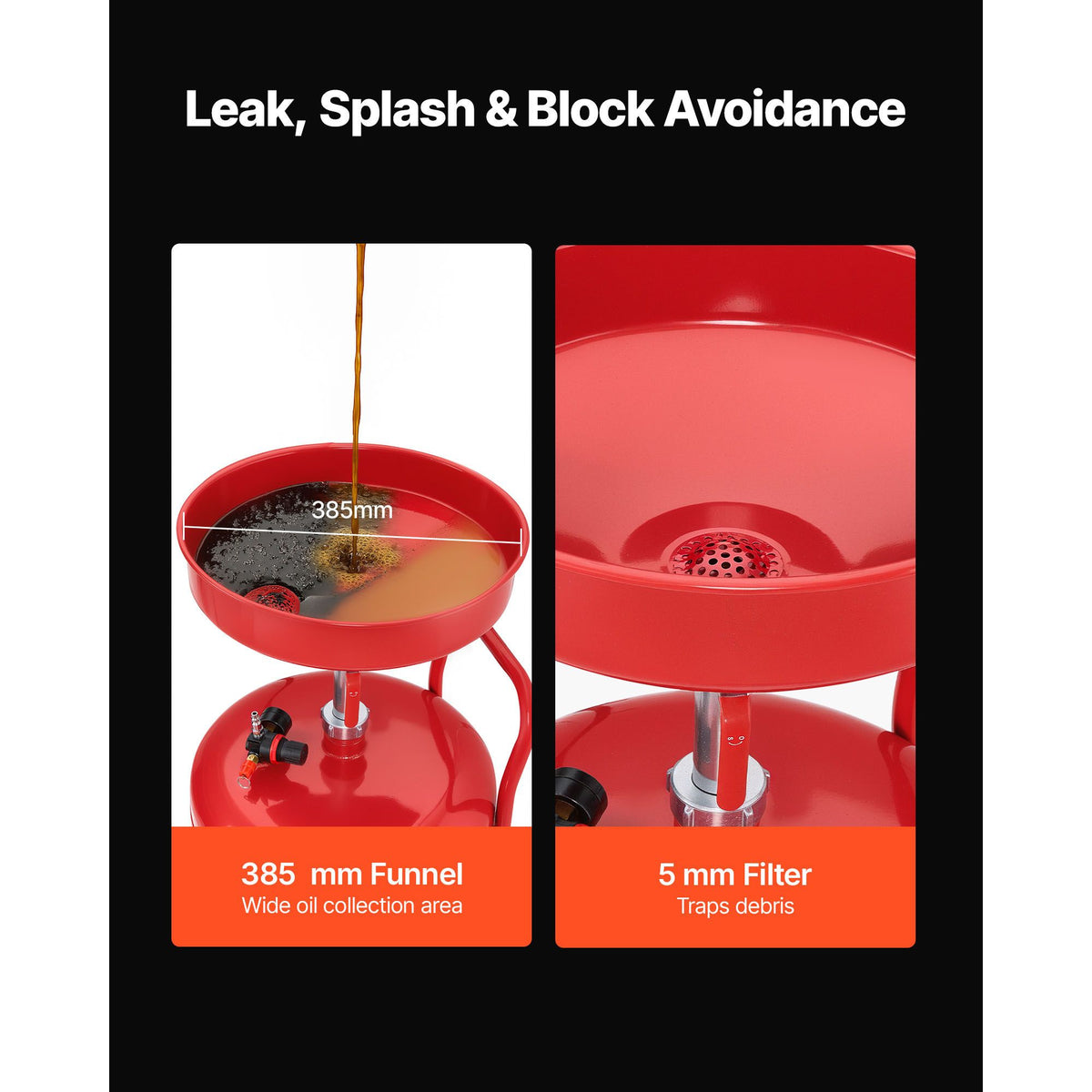 95L Waste Oil Drain Tank, Air Operated Portable Oil Drainer with Adjustable Funnel Height, Industrial Fluid Drain Tank with Wheels, Fluid Fuel Transfer Drainage for Auto Repair Shops, Red