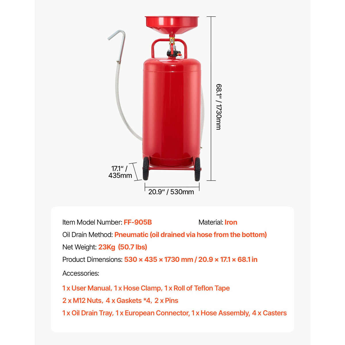 95L Waste Oil Drain Tank, Air Operated Portable Oil Drainer with Adjustable Funnel Height, Industrial Fluid Drain Tank with Wheels, Fluid Fuel Transfer Drainage for Auto Repair Shops, Red