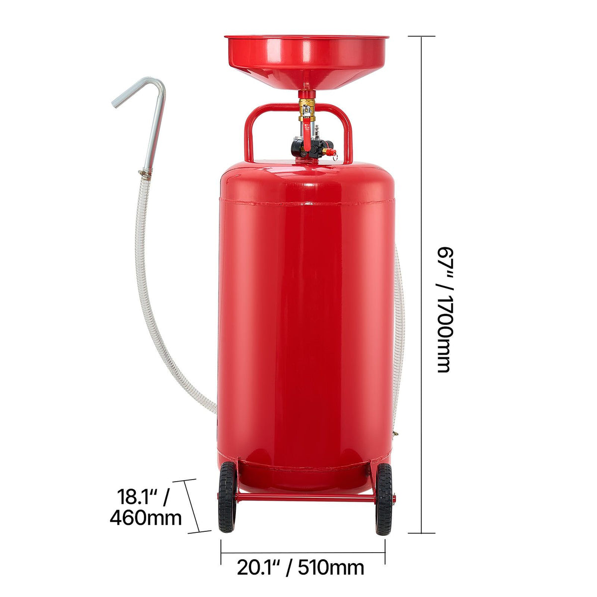 95L Waste Oil Drain Tank, Air Operated Portable Oil Drainer with Adjustable Funnel Height, Industrial Fluid Drain Tank with Wheels, Fluid Fuel Transfer Drainage for Auto Repair Shops, Red
