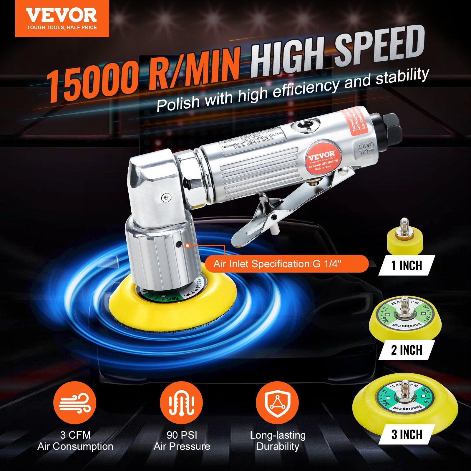Sanding Accessories: VEVOR 58PCS Air Sander Kit 1/2/3in Random Orbital Air Sander Polisher 15000r/min