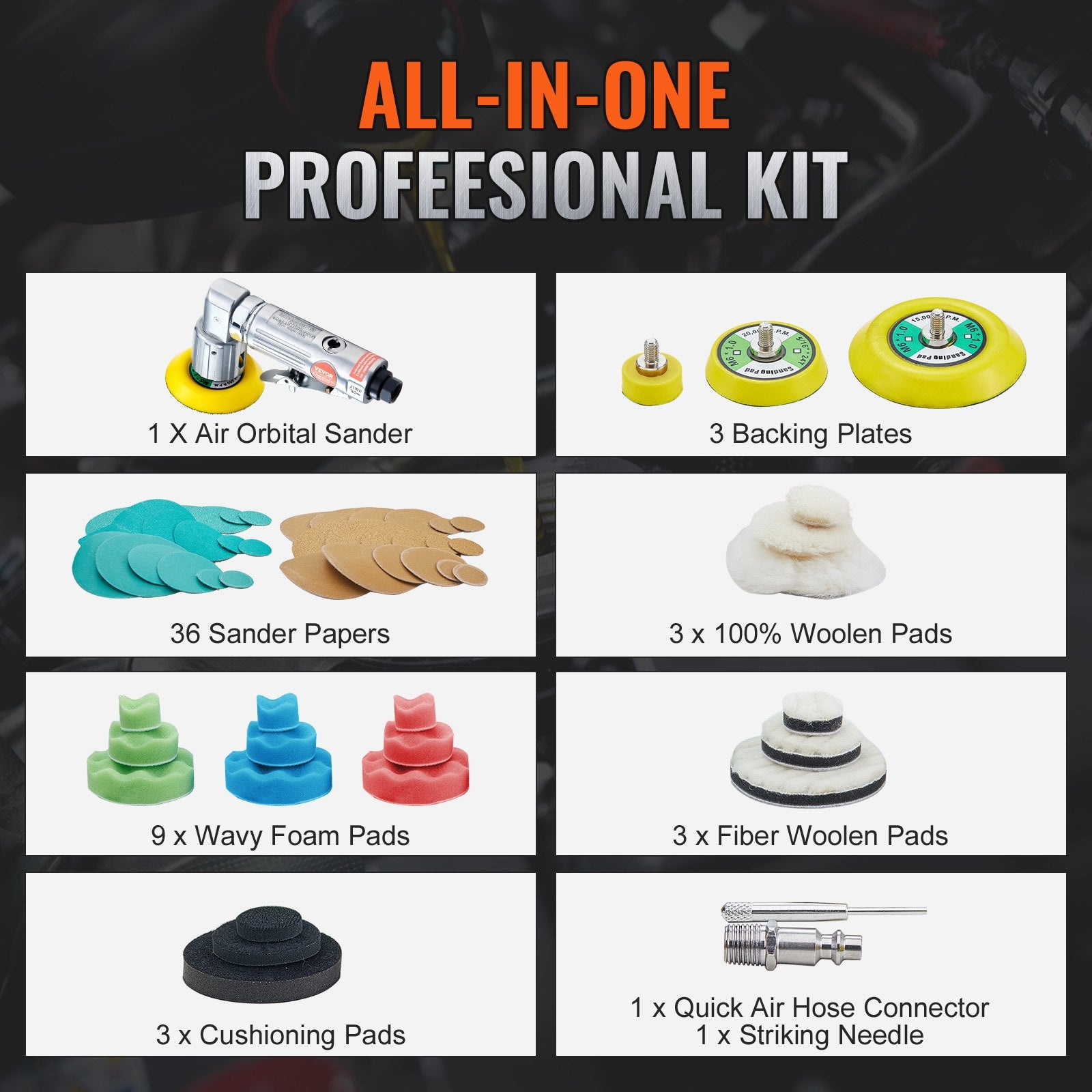 Sanding Accessories: VEVOR 58PCS Air Sander Kit 1/2/3in Random Orbital Air Sander Polisher 15000r/min