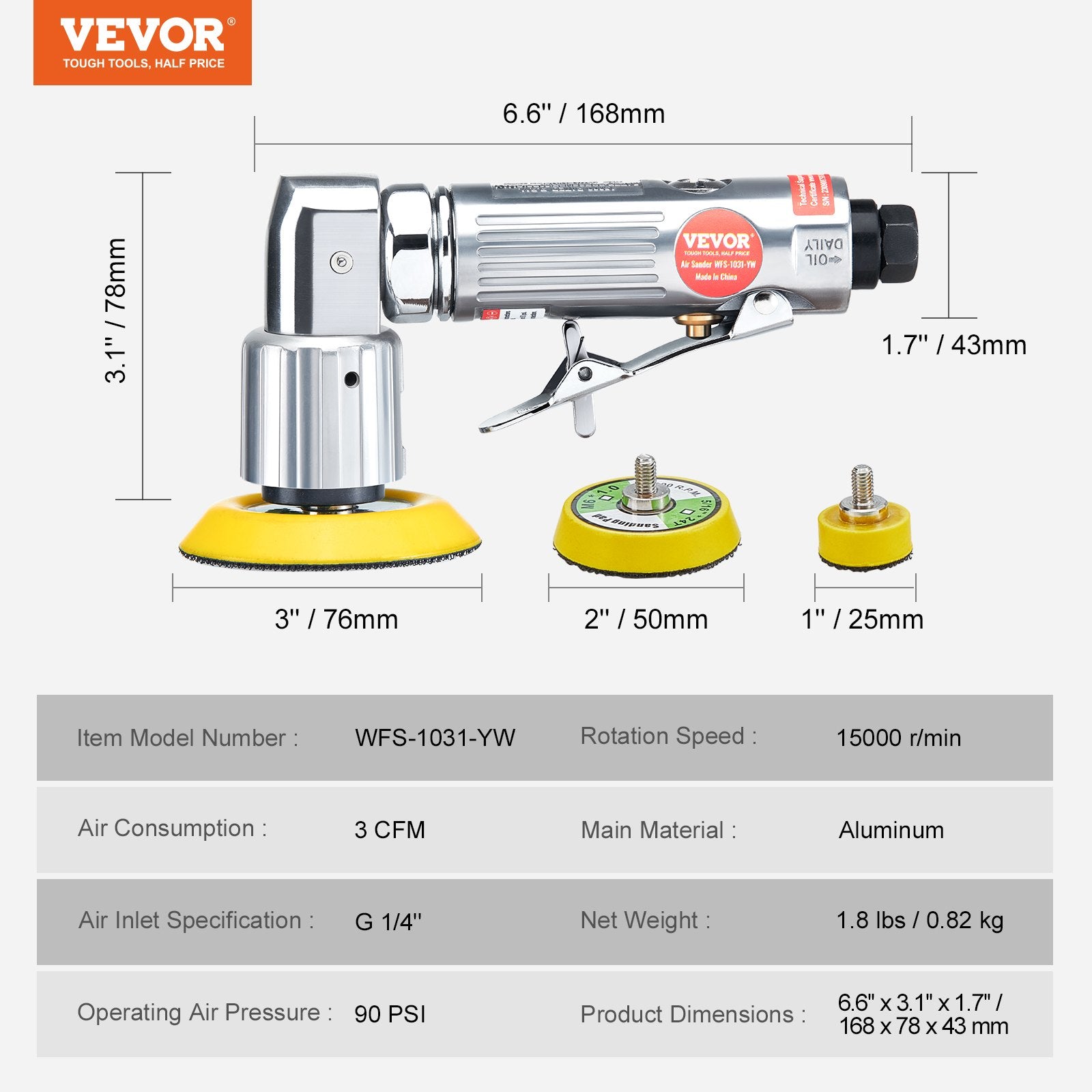 Sanding Accessories: VEVOR 58PCS Air Sander Kit 1/2/3in Random Orbital Air Sander Polisher 15000r/min