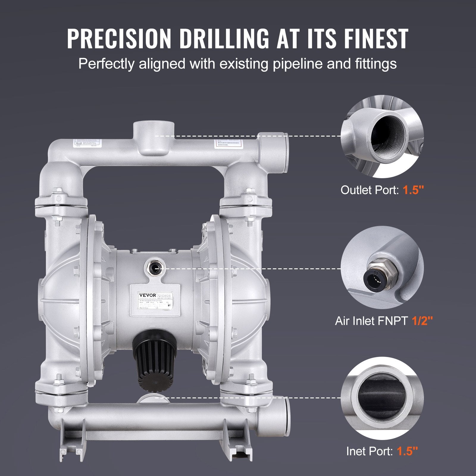 Air Pumps: VEVOR Air Operated Double Diaphragm Pump, 44GPM, Max 115PSI Air Waste Oil Pneumatic Transfer Pump with 2 Extra Diaphragms, 3.8cm Inlet & Outlet Aluminum Alloy Diaphragm Pump for Diesel Grease Oil