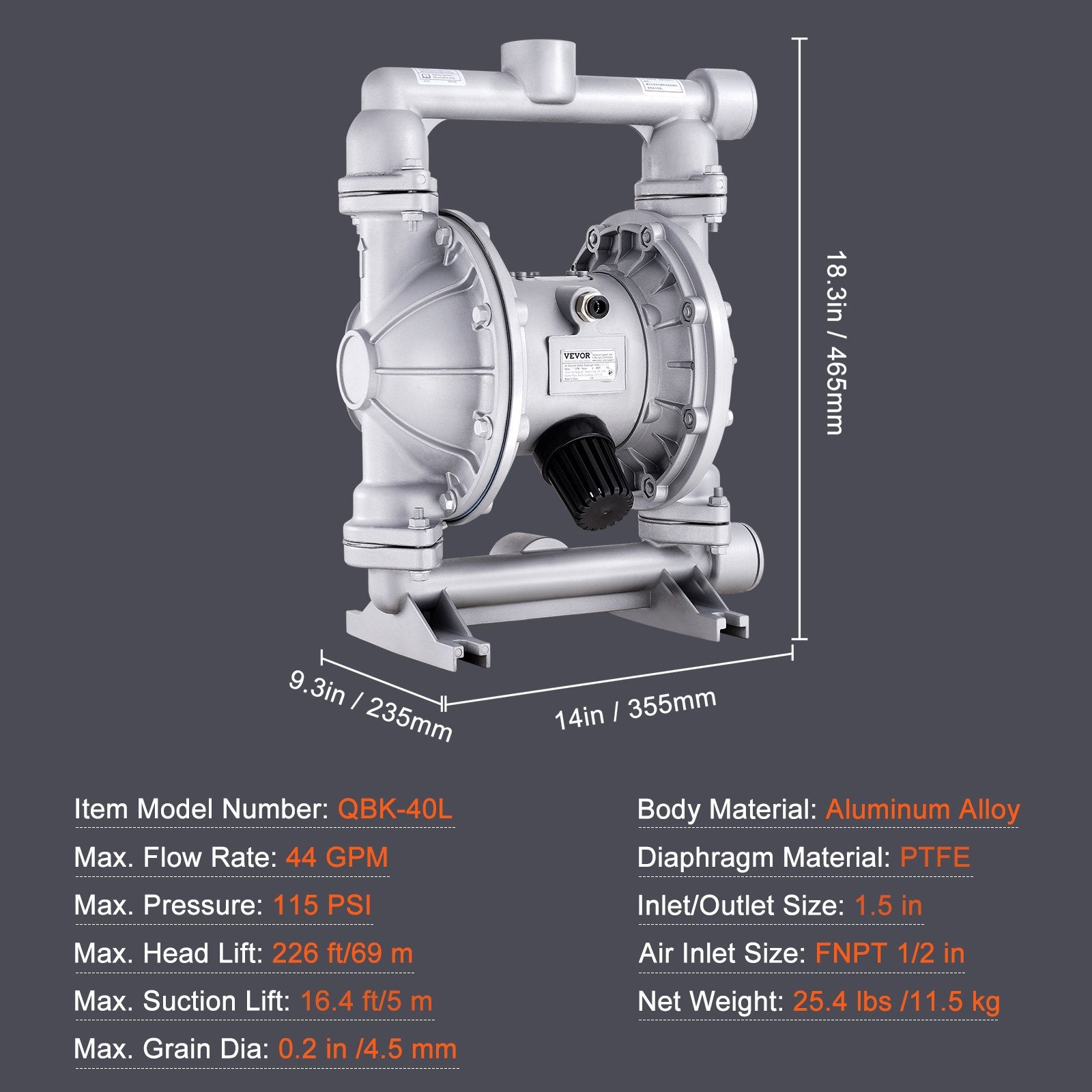 Air Pumps: VEVOR Air Operated Double Diaphragm Pump, 44GPM, Max 115PSI Air Waste Oil Pneumatic Transfer Pump with 2 Extra Diaphragms, 3.8cm Inlet & Outlet Aluminum Alloy Diaphragm Pump for Diesel Grease Oil