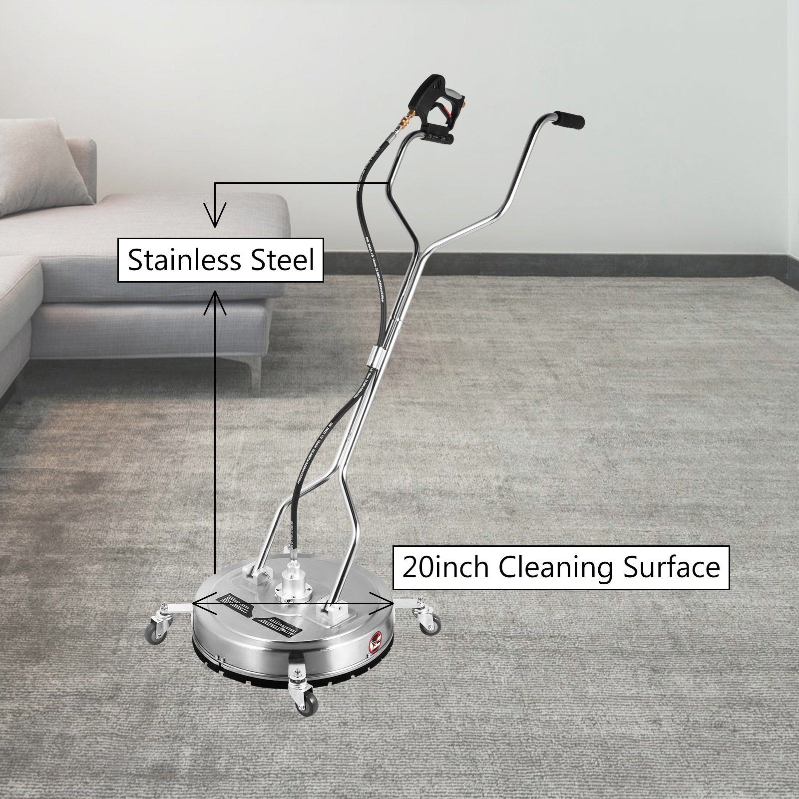 Surface Cleaner 20 inch Flat Surface Cleaner for Pressure Washer 4000psi Pressure with 3/8 Quick Connector Surface Cleaner W/ Casters 10.5GPM Stainless Steel Rotating Rod & 3 Nozzle for Patio
