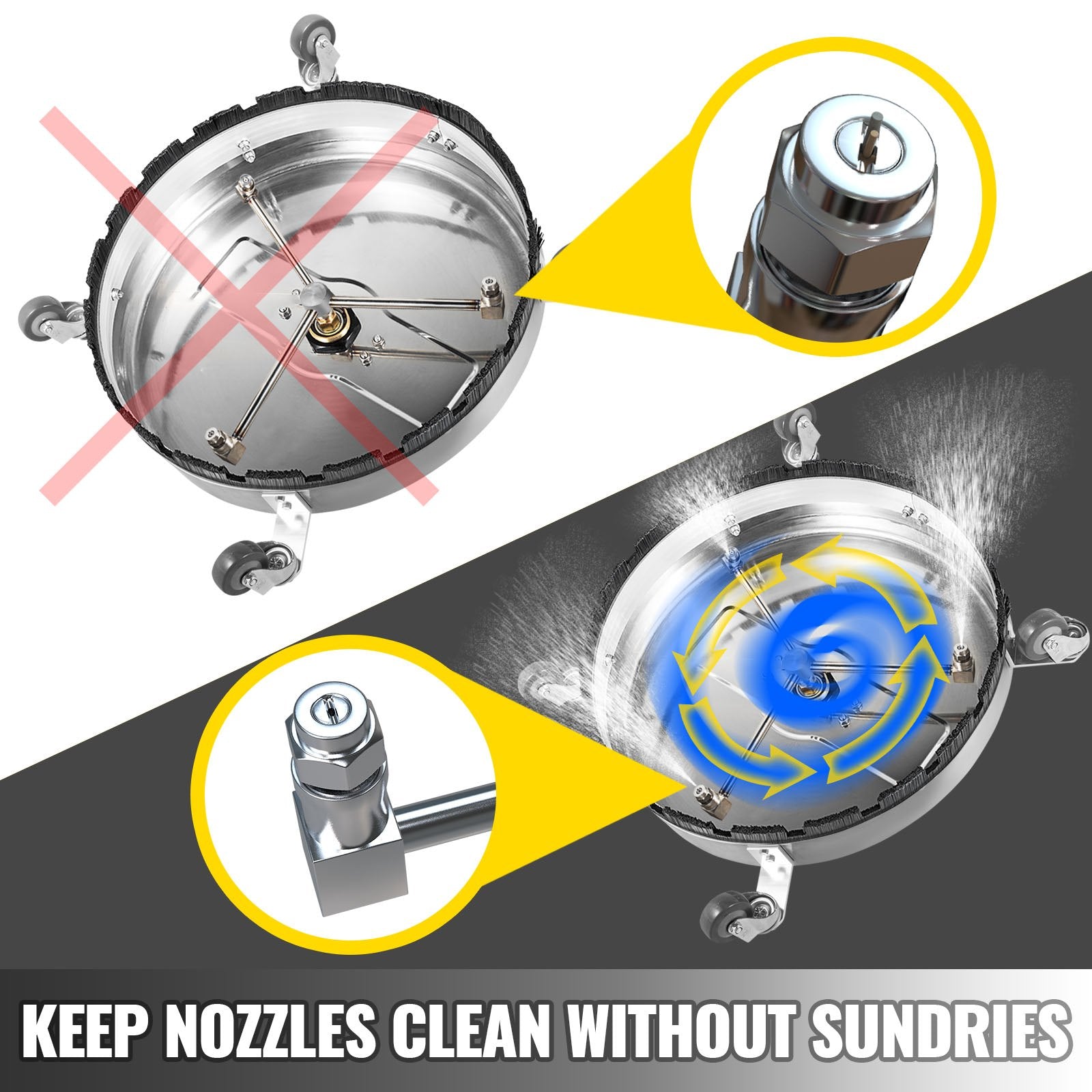 Surface Cleaner 20 inch Flat Surface Cleaner for Pressure Washer 4000psi Pressure with 3/8 Quick Connector Surface Cleaner W/ Casters 10.5GPM Stainless Steel Rotating Rod & 3 Nozzle for Patio