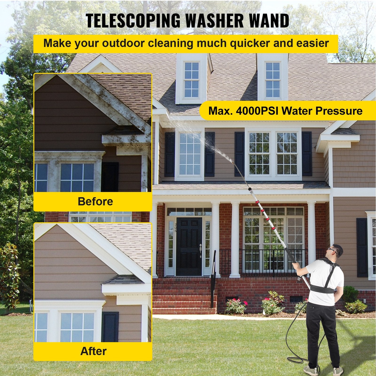 Automotive Repair & Speciality Tools: VEVOR Telescoping Pressure Washer Wand, 20 ft 5-Section Length Adjustable, Max. 4000 PSI Fit for 3/8'' Quick Connection, 5 Spray Nozzles, Belt, for Roof, Fence, Gutter, Silver