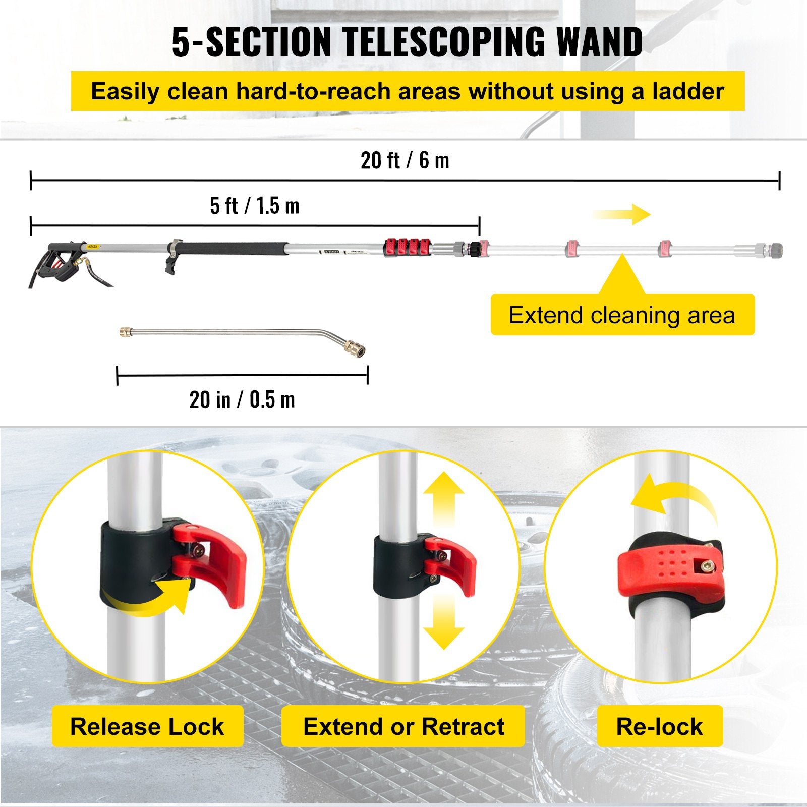 Automotive Repair & Speciality Tools: VEVOR Telescoping Pressure Washer Wand, 20 ft 5-Section Length Adjustable, Max. 4000 PSI Fit for 3/8'' Quick Connection, 5 Spray Nozzles, Belt, for Roof, Fence, Gutter, Silver