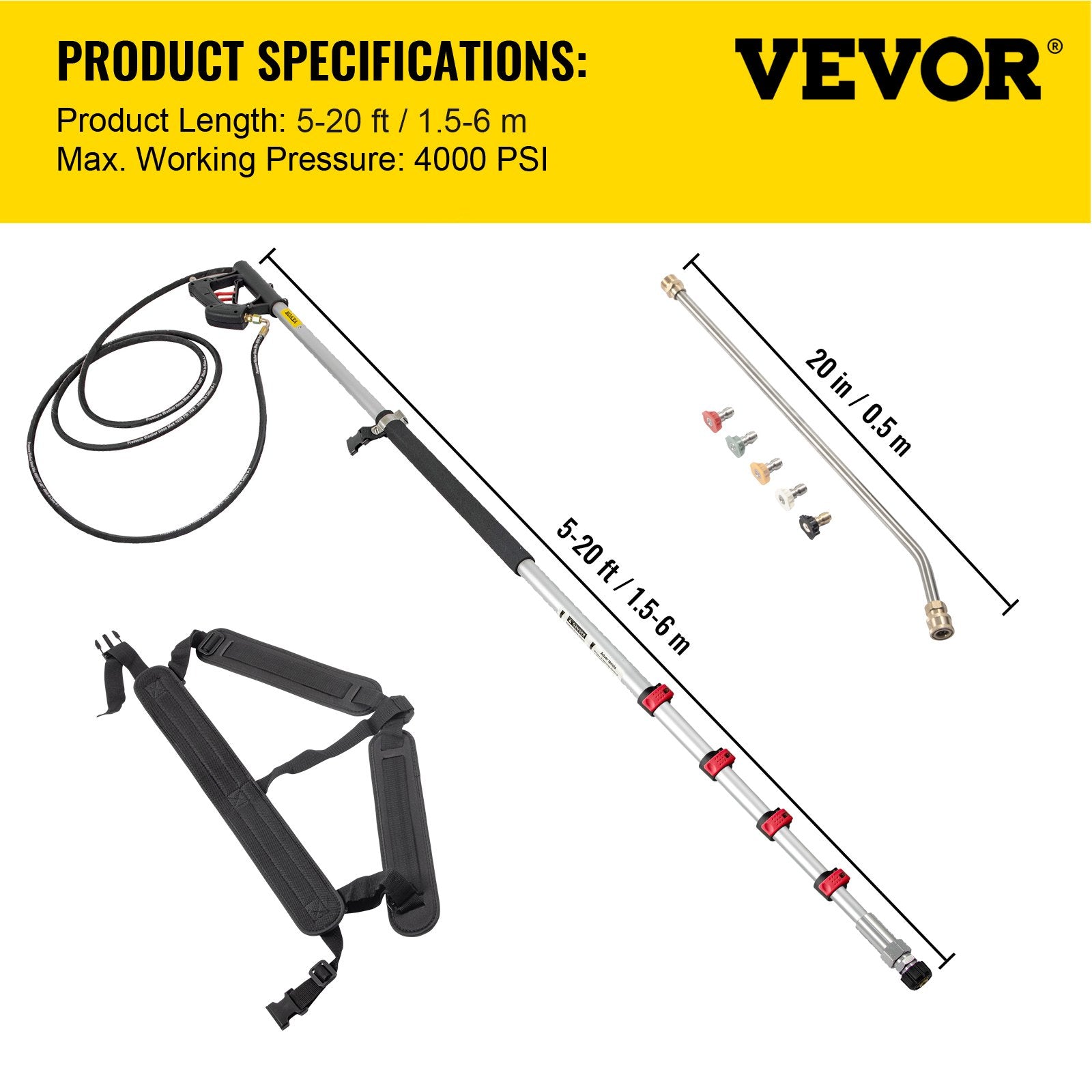 Automotive Repair & Speciality Tools: VEVOR Telescoping Pressure Washer Wand, 20 ft 5-Section Length Adjustable, Max. 4000 PSI Fit for 3/8'' Quick Connection, 5 Spray Nozzles, Belt, for Roof, Fence, Gutter, Silver