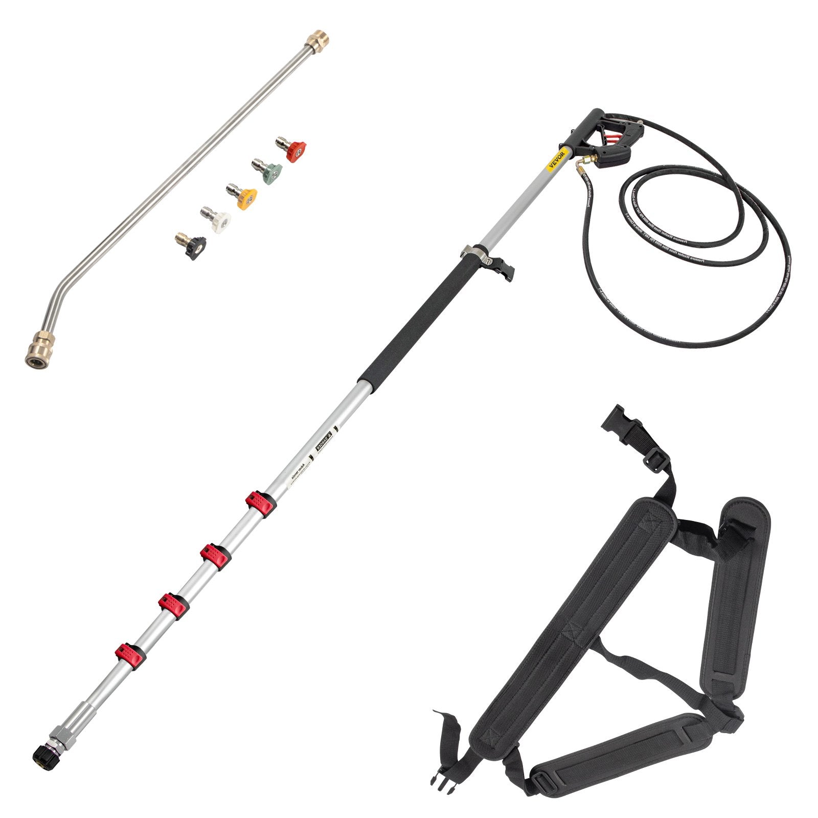 Automotive Repair & Speciality Tools: VEVOR Telescoping Pressure Washer Wand, 20 ft 5-Section Length Adjustable, Max. 4000 PSI Fit for 3/8'' Quick Connection, 5 Spray Nozzles, Belt, for Roof, Fence, Gutter, Silver