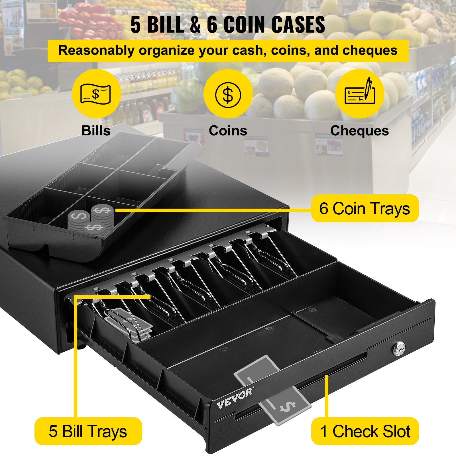 Cash Register Drawer, 16" 12 V, for POS System with 5 Bill 6 Coin Cash Tray, Removable Coin Compartment & 2 Keys Included, RJ11/RJ12 Cable for Supermarket, Bar, Coffee Shop, Restaurant
