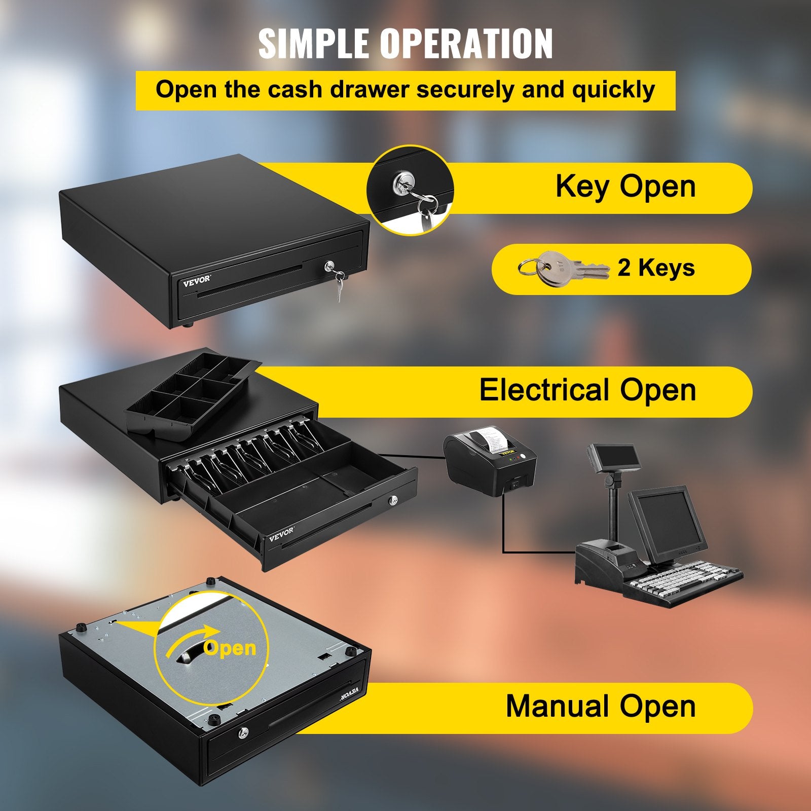 Cash Register Drawer, 16" 12 V, for POS System with 5 Bill 6 Coin Cash Tray, Removable Coin Compartment & 2 Keys Included, RJ11/RJ12 Cable for Supermarket, Bar, Coffee Shop, Restaurant
