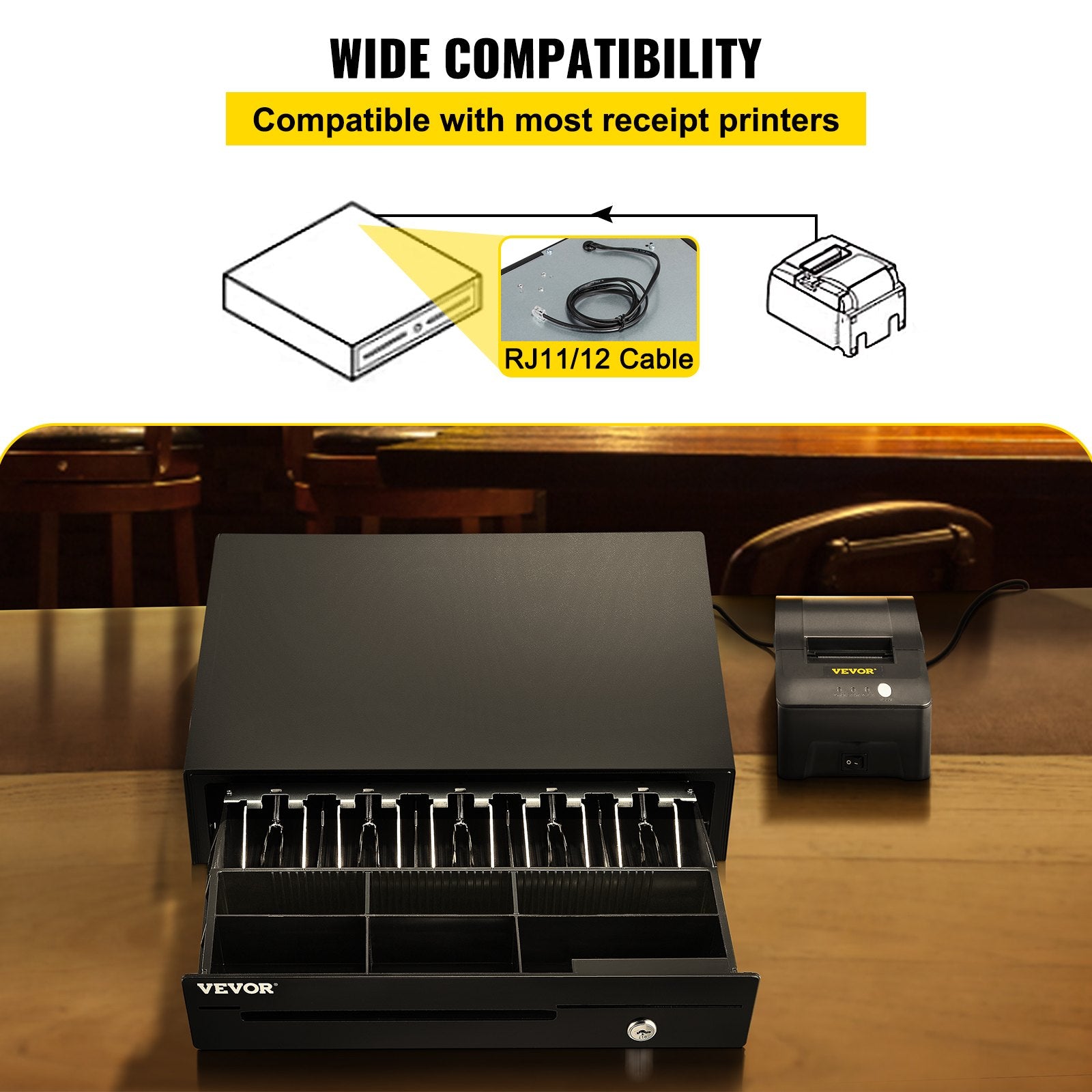 Cash Register Drawer, 16" 12 V, for POS System with 5 Bill 6 Coin Cash Tray, Removable Coin Compartment & 2 Keys Included, RJ11/RJ12 Cable for Supermarket, Bar, Coffee Shop, Restaurant