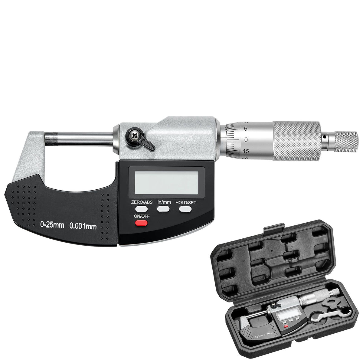 Micrometer Set, Digital Outside Micrometer 0-25.4 mm Measuring Range, 0.001 mm Resolution, Ultra-Precision Accuracy, LCD Screen, in/mm Switch, Carbide Tip, with Protective Case