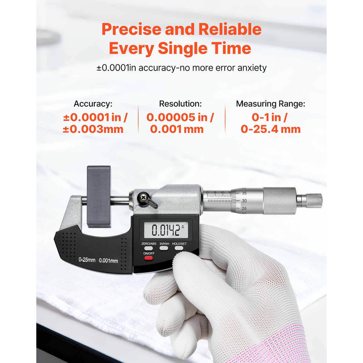 Micrometer Set, Digital Outside Micrometer 0-25.4 mm Measuring Range, 0.001 mm Resolution, Ultra-Precision Accuracy, LCD Screen, in/mm Switch, Carbide Tip, with Protective Case