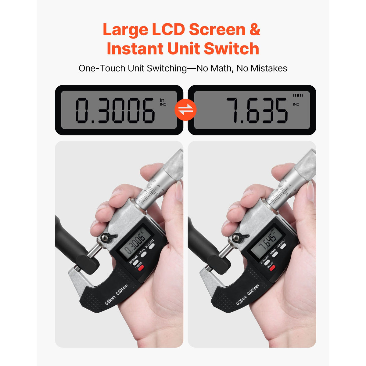 Micrometer Set, Digital Outside Micrometer 0-25.4 mm Measuring Range, 0.001 mm Resolution, Ultra-Precision Accuracy, LCD Screen, in/mm Switch, Carbide Tip, with Protective Case