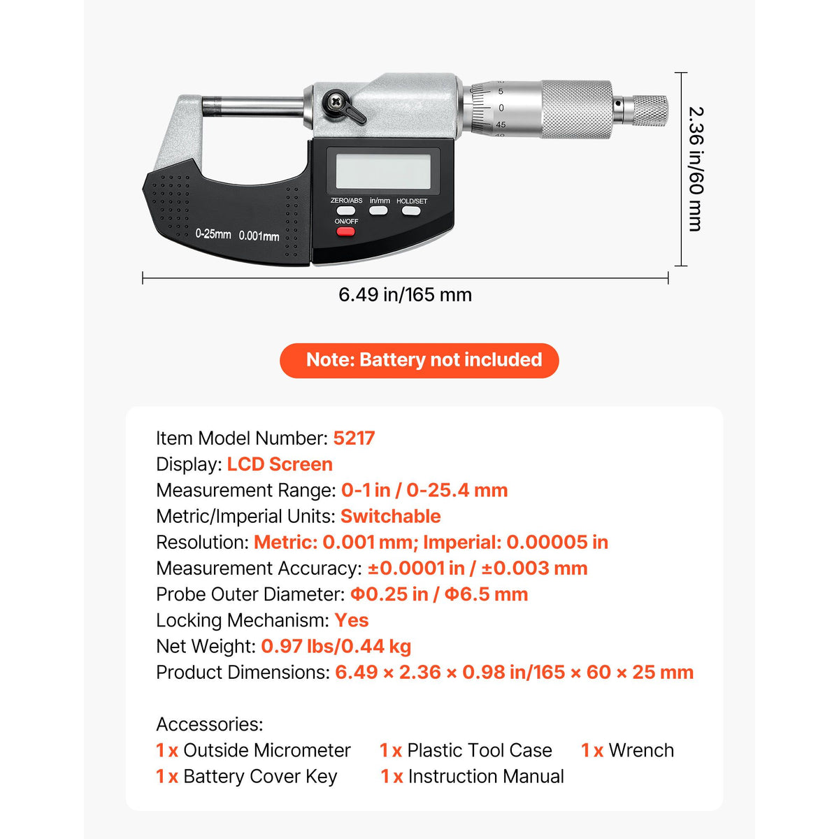 Micrometer Set, Digital Outside Micrometer 0-25.4 mm Measuring Range, 0.001 mm Resolution, Ultra-Precision Accuracy, LCD Screen, in/mm Switch, Carbide Tip, with Protective Case
