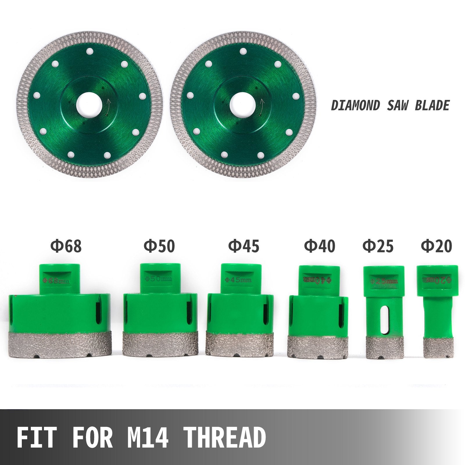 Power Saws: VEVOR 6PCS Diamond Hole Saw Set, Diamond Drill Core Bits with Saw Blade, Heavy Duty Hole Saw Arbor 20/25/40/45/50/68 mm M14 Thread Carborundum Granite for Glass, Ceramics, Porcelain, Ceramic Tile