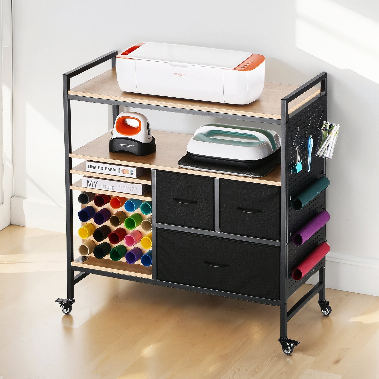 Kitchen & Dining Trolleys: Rolling Craft Cart and Storage Table with 20 Vinyl Roll Holders 3 Drawers Black