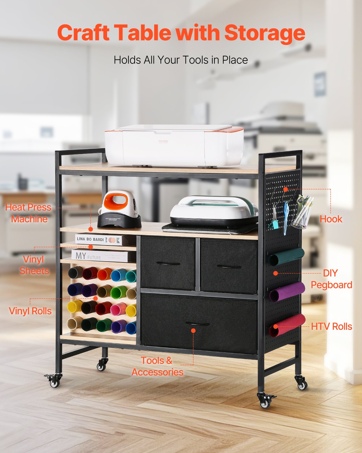 Kitchen & Dining Trolleys: Rolling Craft Cart and Storage Table with 20 Vinyl Roll Holders 3 Drawers Black