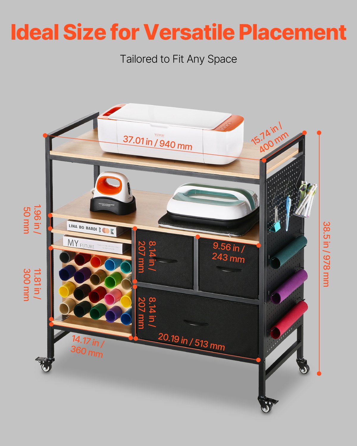 Kitchen & Dining Trolleys: Rolling Craft Cart and Storage Table with 20 Vinyl Roll Holders 3 Drawers Black