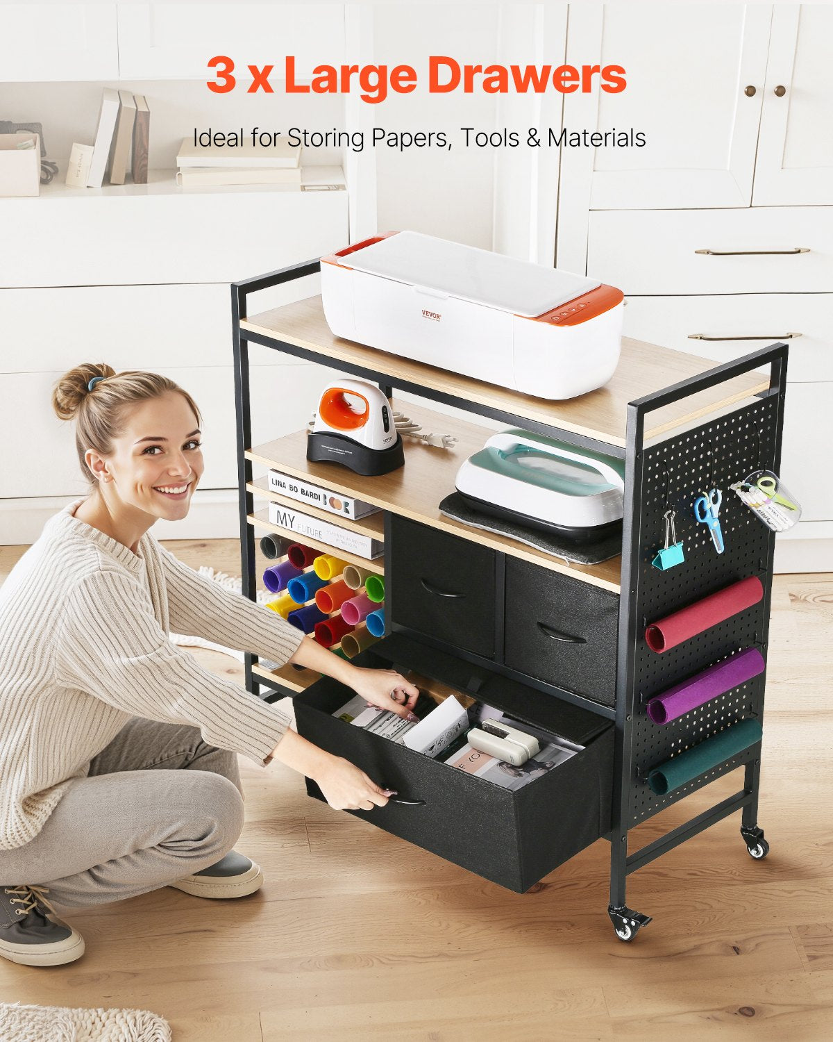 Kitchen & Dining Trolleys: Rolling Craft Cart and Storage Table with 20 Vinyl Roll Holders 3 Drawers Black
