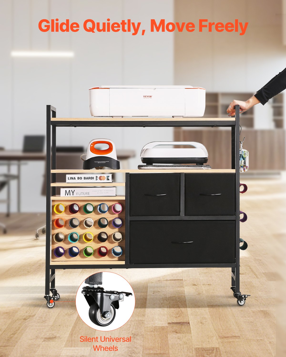 Kitchen & Dining Trolleys: Rolling Craft Cart and Storage Table with 20 Vinyl Roll Holders 3 Drawers Black