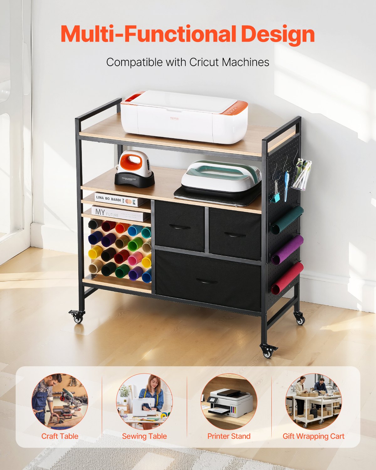 Kitchen & Dining Trolleys: Rolling Craft Cart and Storage Table with 20 Vinyl Roll Holders 3 Drawers Black