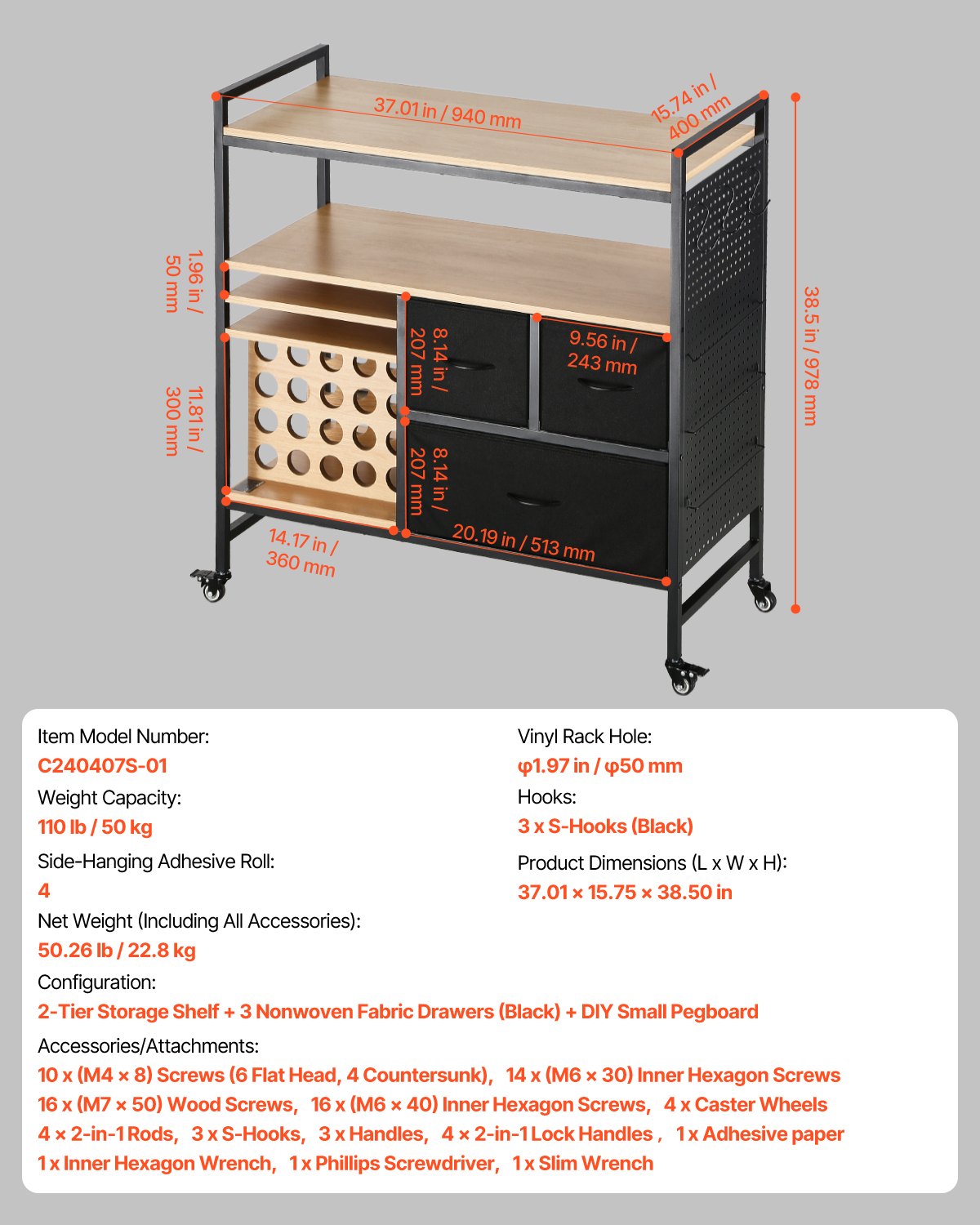 Kitchen & Dining Trolleys: Rolling Craft Cart and Storage Table with 20 Vinyl Roll Holders 3 Drawers Black