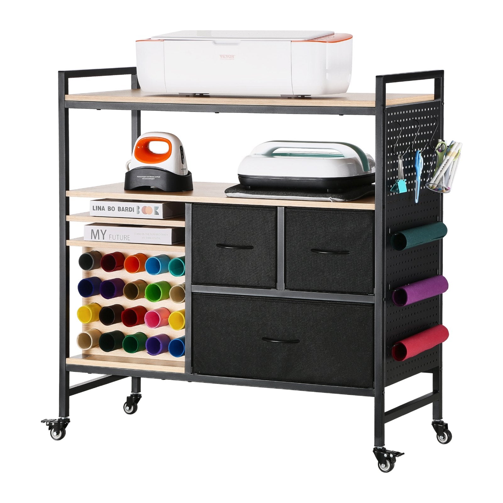 Kitchen & Dining Trolleys: Rolling Craft Cart and Storage Table with 20 Vinyl Roll Holders 3 Drawers Black