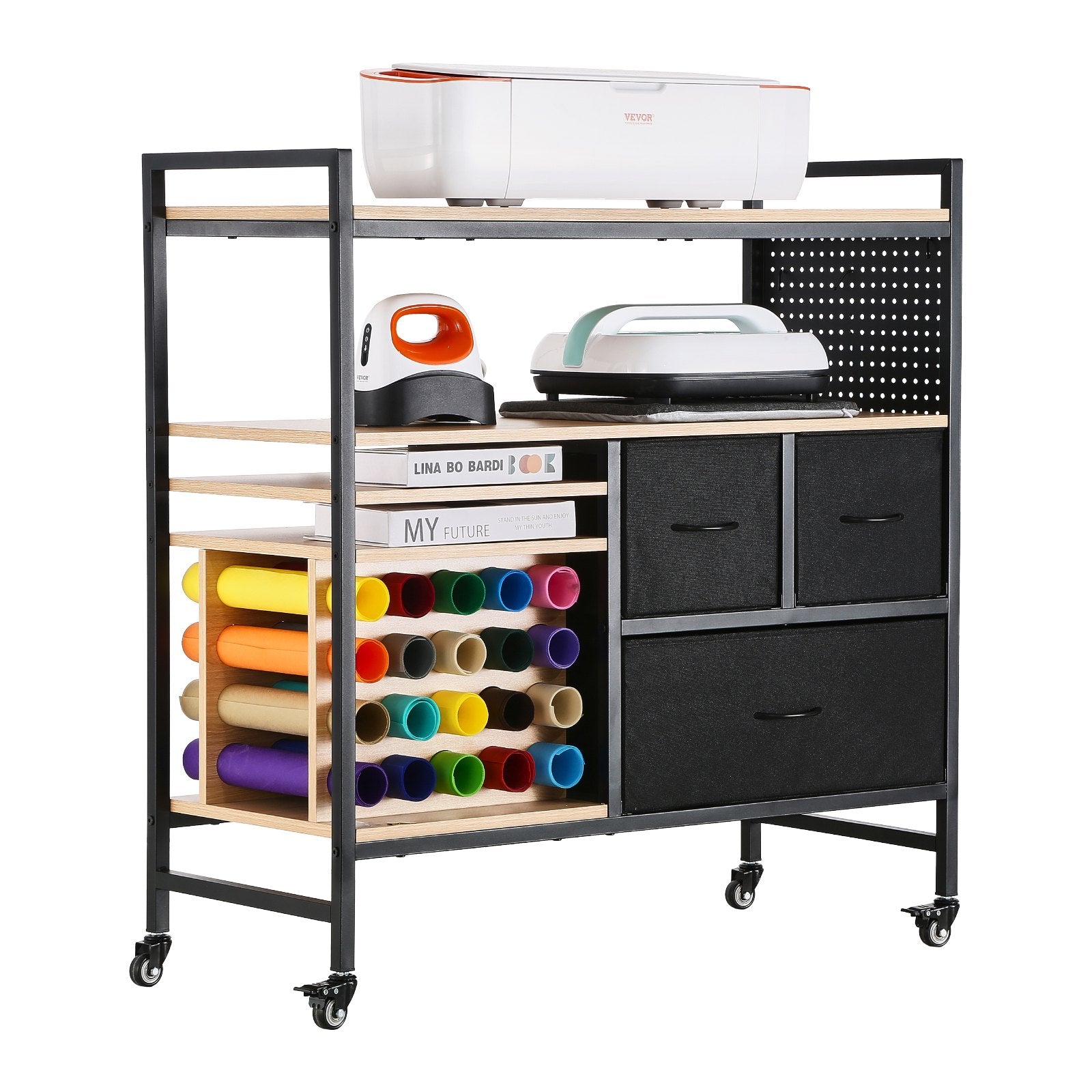 Kitchen & Dining Trolleys: Rolling Craft Cart and Storage Table with 20 Vinyl Roll Holders 3 Drawers Black