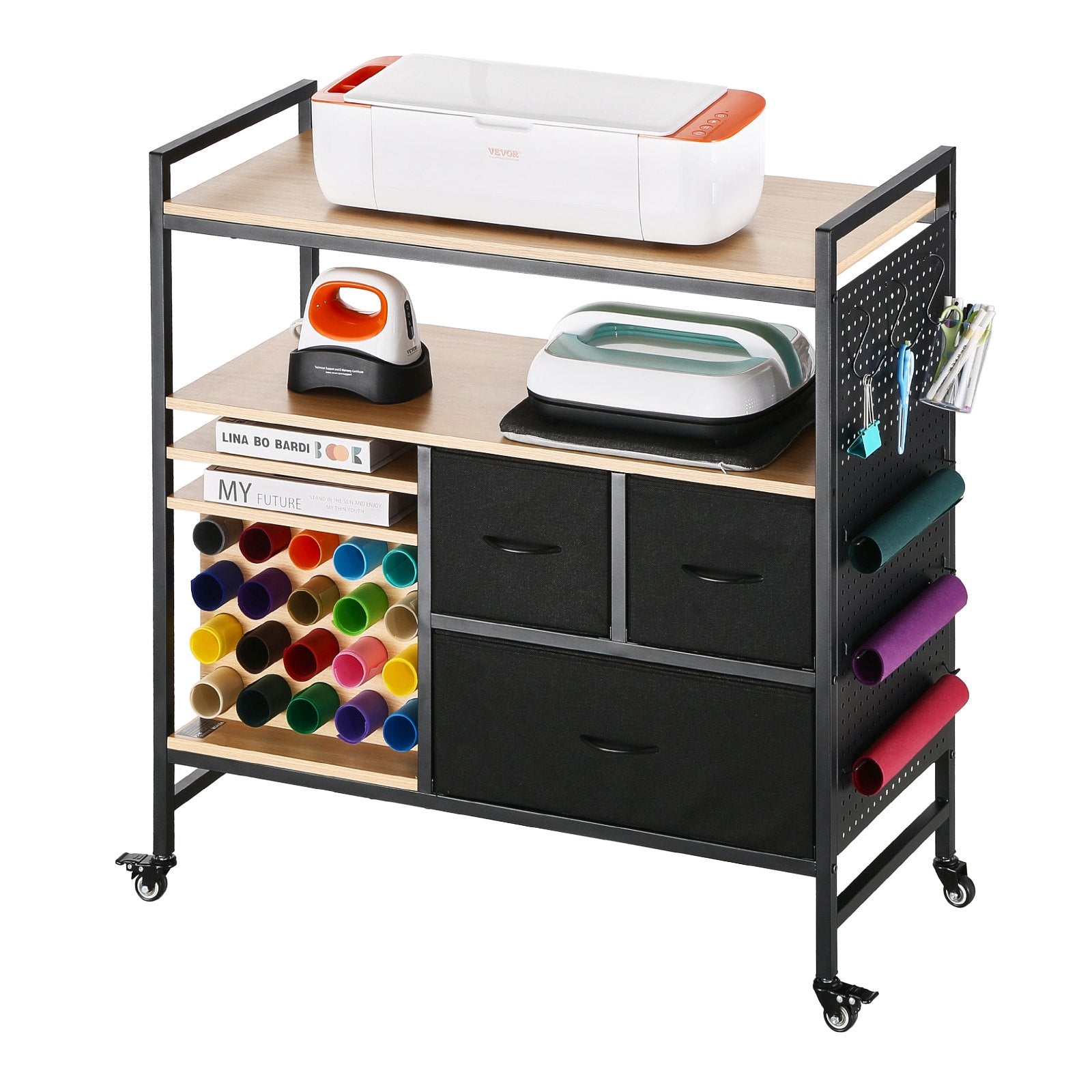 Kitchen & Dining Trolleys: Rolling Craft Cart and Storage Table with 20 Vinyl Roll Holders 3 Drawers Black