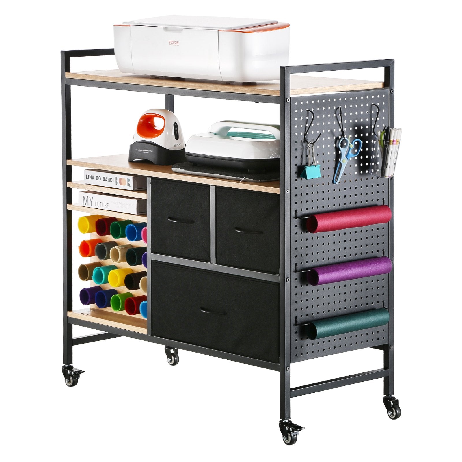 Kitchen & Dining Trolleys: Rolling Craft Cart and Storage Table with 20 Vinyl Roll Holders 3 Drawers Black