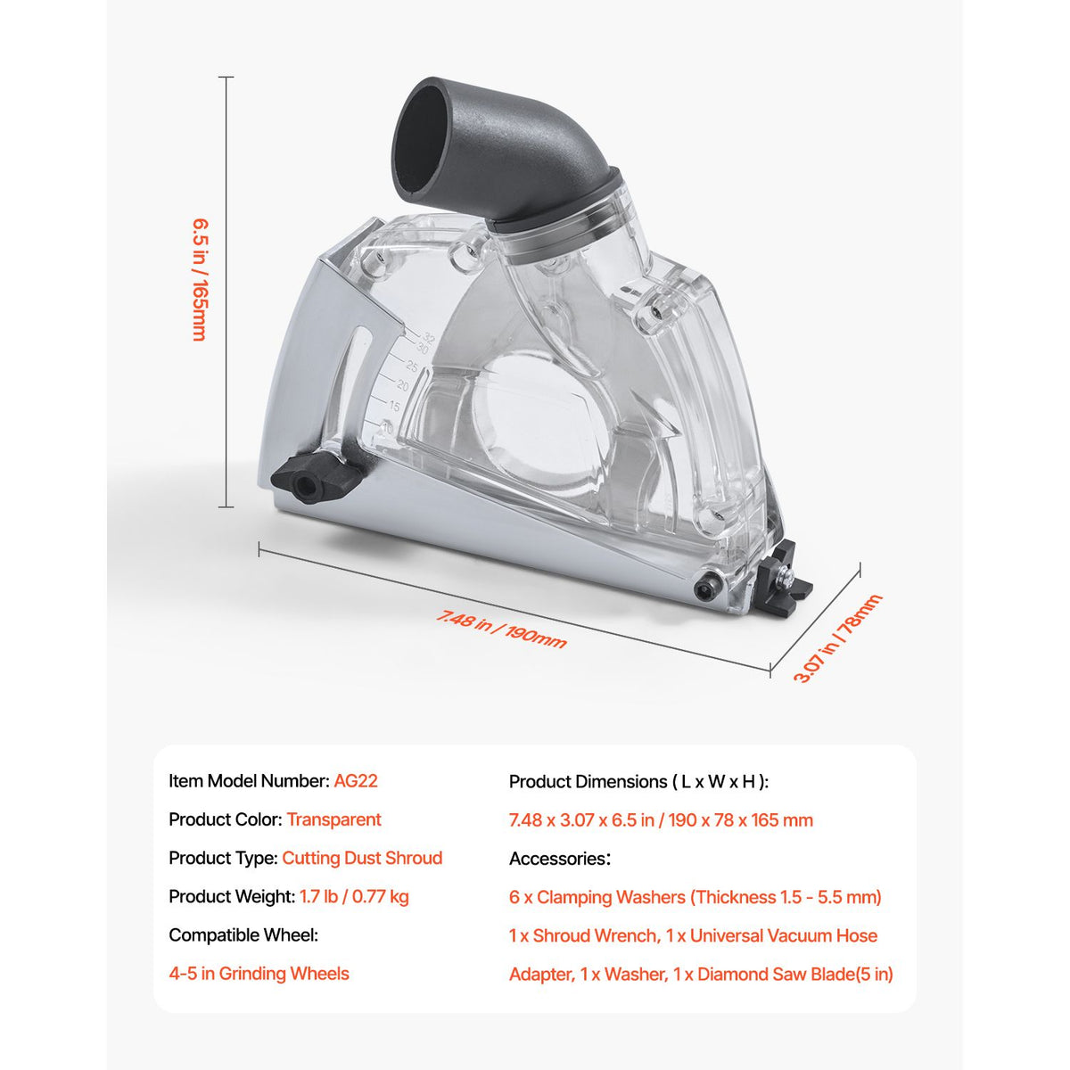 Cutting Dust Shroud for Angle Grinders, 100-125 mm Angle Grinder Dust Shroud with 6 Clamping Washers & 125 mm Diamond Grinding Cup Wheel, Adjustable Cutting Depth, Connect to Vacuum Cleaner