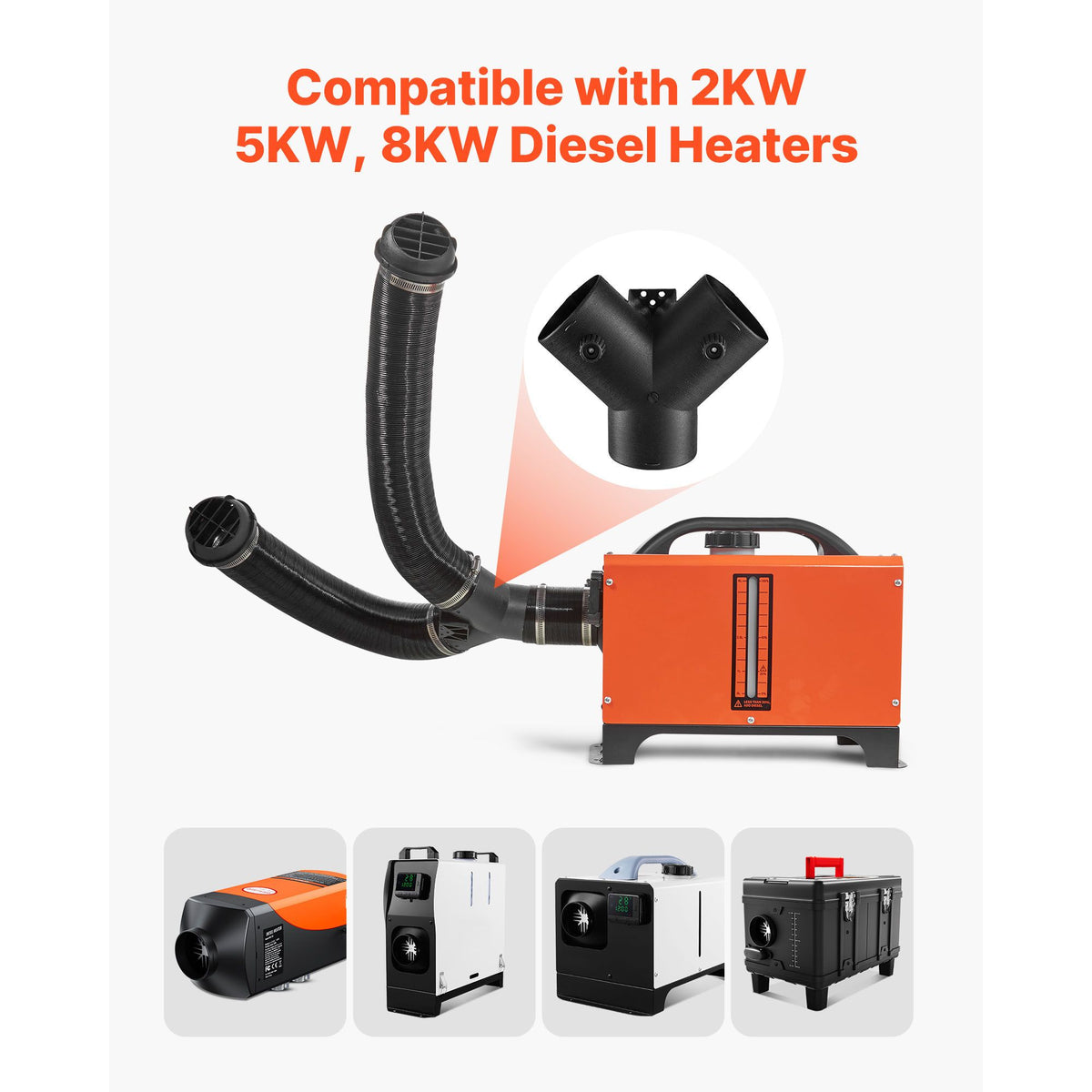 Diesel Heater Connector, 75mm Diesel Heater Duct Connector Accessories, 3-Way Y Branch Diesels Heaters Air Vent Duct with 2 90° Rotatable Valves, Black Joint Connectors for 2KW 5KW 8KW Heaters