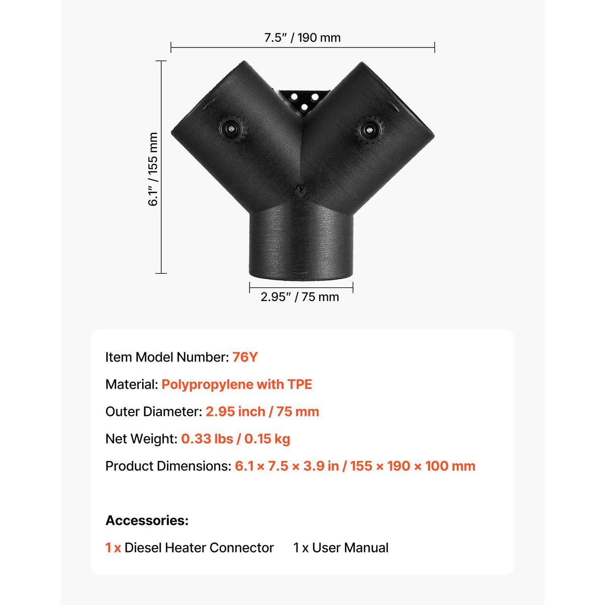 Diesel Heater Connector, 75mm Diesel Heater Duct Connector Accessories, 3-Way Y Branch Diesels Heaters Air Vent Duct with 2 90° Rotatable Valves, Black Joint Connectors for 2KW 5KW 8KW Heaters