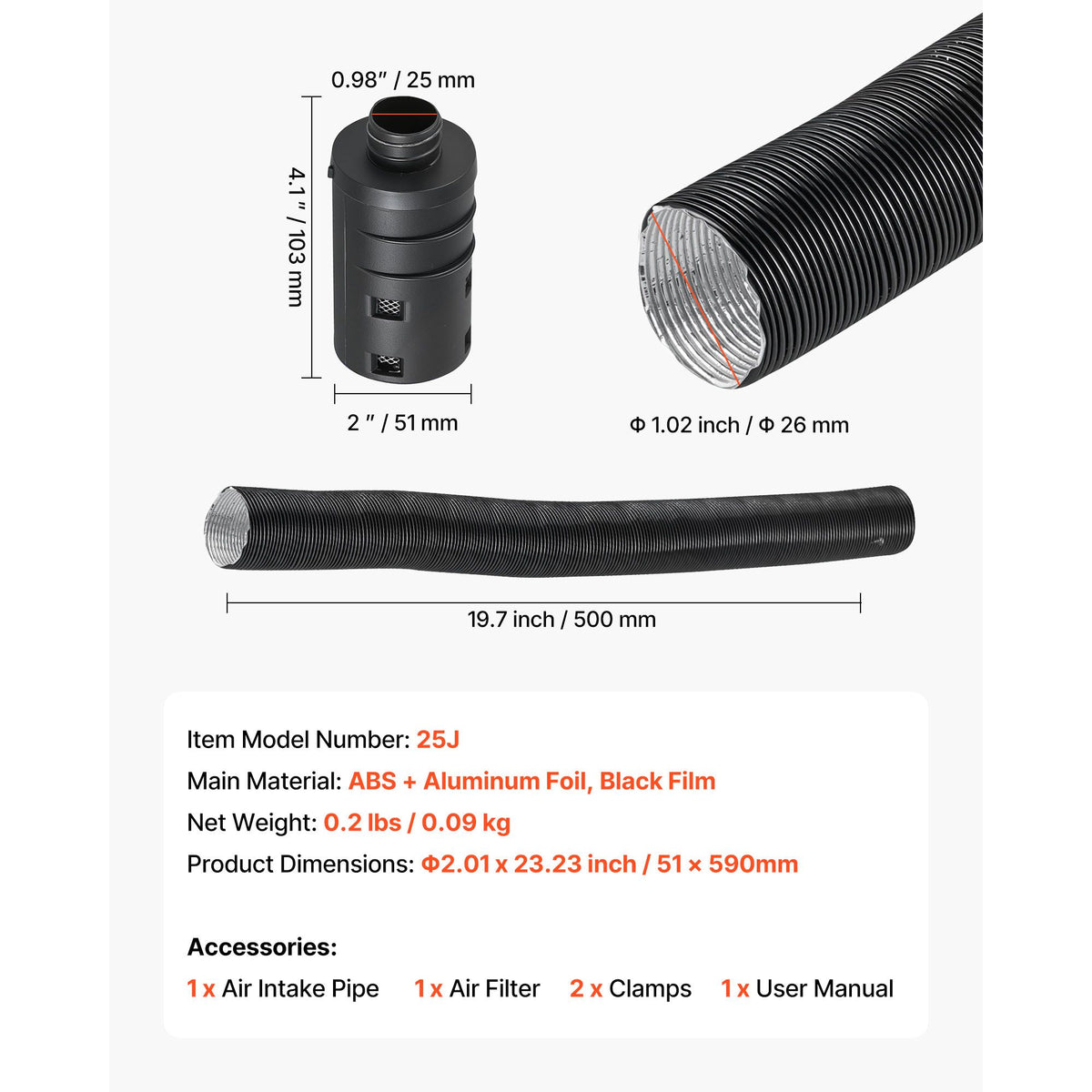 Diesel Heater Intake Pipe Kit, 25mm Car Air Parking Heater Ducting Pipe Hose Tube, Stretchable & Bendable Car Air Intake Filter Silencer Hose Pipes Kit with Clamps for 2KW 5KW 8KW Diesel Heaters