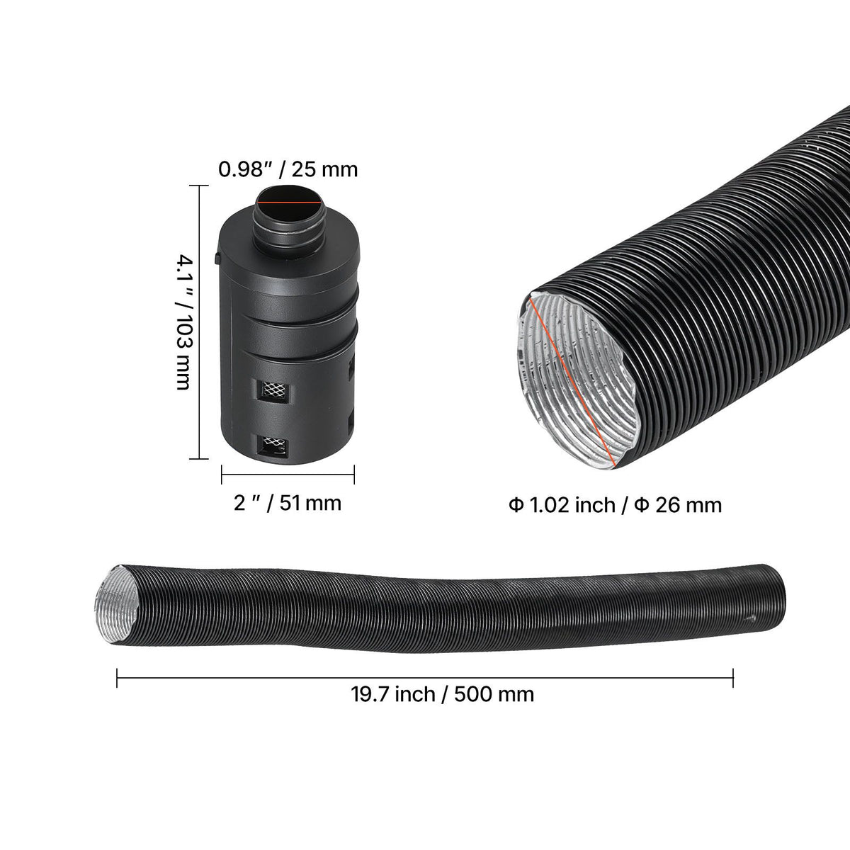 Diesel Heater Intake Pipe Kit, 25mm Car Air Parking Heater Ducting Pipe Hose Tube, Stretchable & Bendable Car Air Intake Filter Silencer Hose Pipes Kit with Clamps for 2KW 5KW 8KW Diesel Heaters