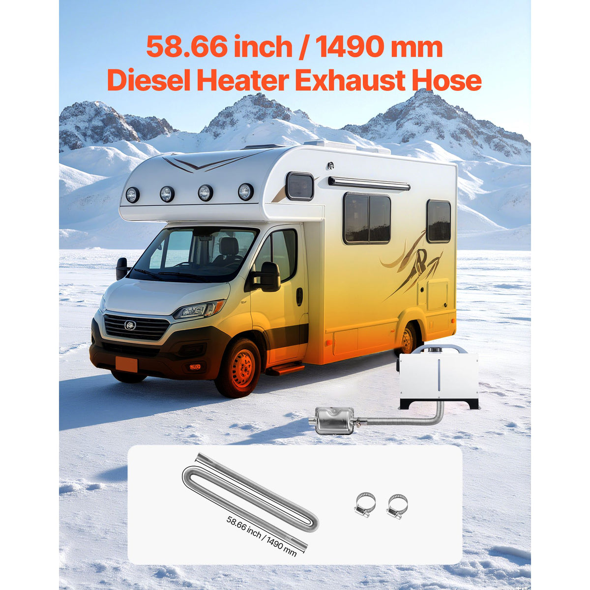 Exhaust Hose, 1490mm Stainless Steel Exhausts Hose, Diesel Heater Flexible Exhaust Pipe with 2 Hose Clamps, Exhausts Hoses Kit Diesel Heater Accessories for 2KW 5KW 8KW Diesels Heaters