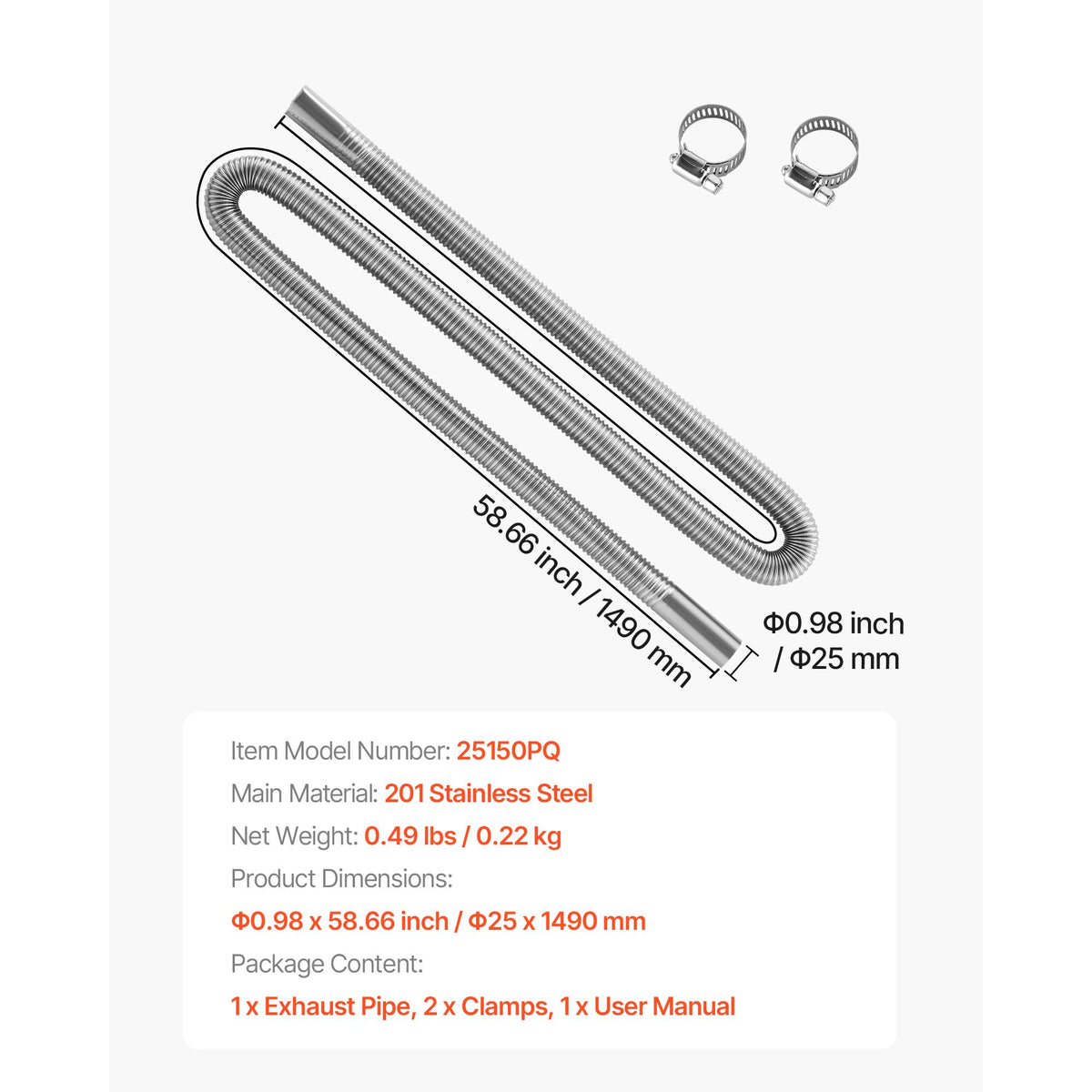 Exhaust Hose, 1490mm Stainless Steel Exhausts Hose, Diesel Heater Flexible Exhaust Pipe with 2 Hose Clamps, Exhausts Hoses Kit Diesel Heater Accessories for 2KW 5KW 8KW Diesels Heaters